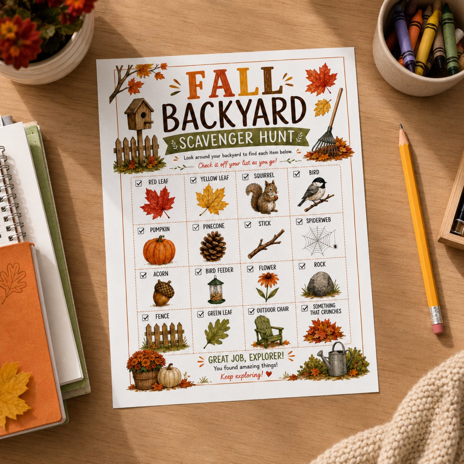 Colorful Fall Backyard Scavenger Hunt printable for kids featuring 16 picture clues, including autumn leaves, a squirrel, bird, pumpkin, pinecone, acorn, flower, rock, fence and outdoor chair.