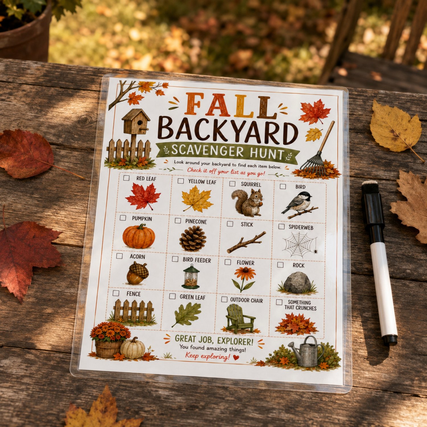 Colorful Fall Backyard Scavenger Hunt printable for kids featuring 16 picture clues, including autumn leaves, a squirrel, bird, pumpkin, pinecone, acorn, flower, rock, fence and outdoor chair.