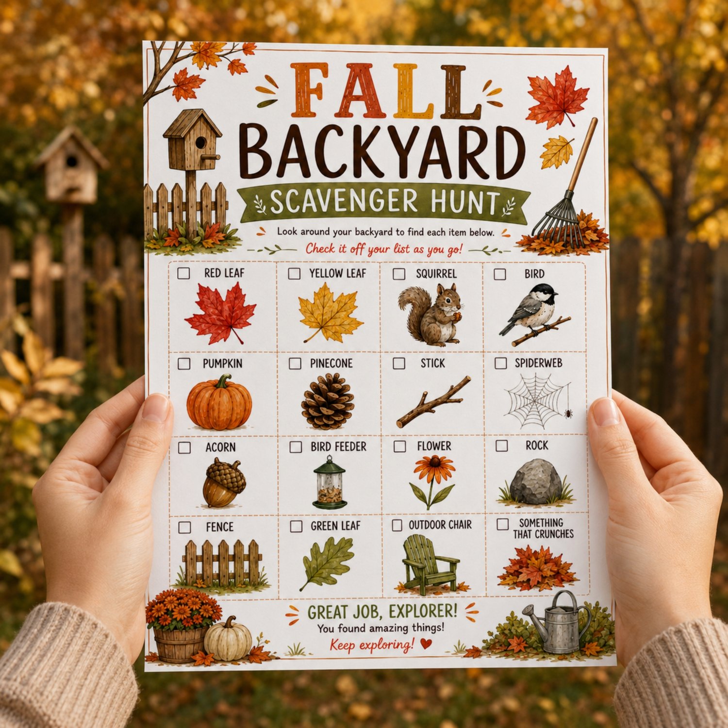 Colorful Fall Backyard Scavenger Hunt printable for kids featuring 16 picture clues, including autumn leaves, a squirrel, bird, pumpkin, pinecone, acorn, flower, rock, fence and outdoor chair.