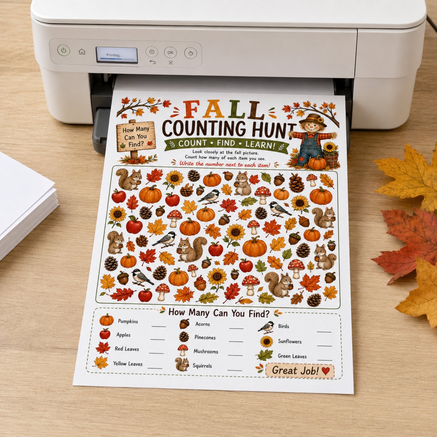 Colourful Fall Counting Hunt printable for preschool and kindergarten children featuring pumpkins, apples, leaves, squirrels, acorns, birds, mushrooms, pinecones and sunflowers to count.