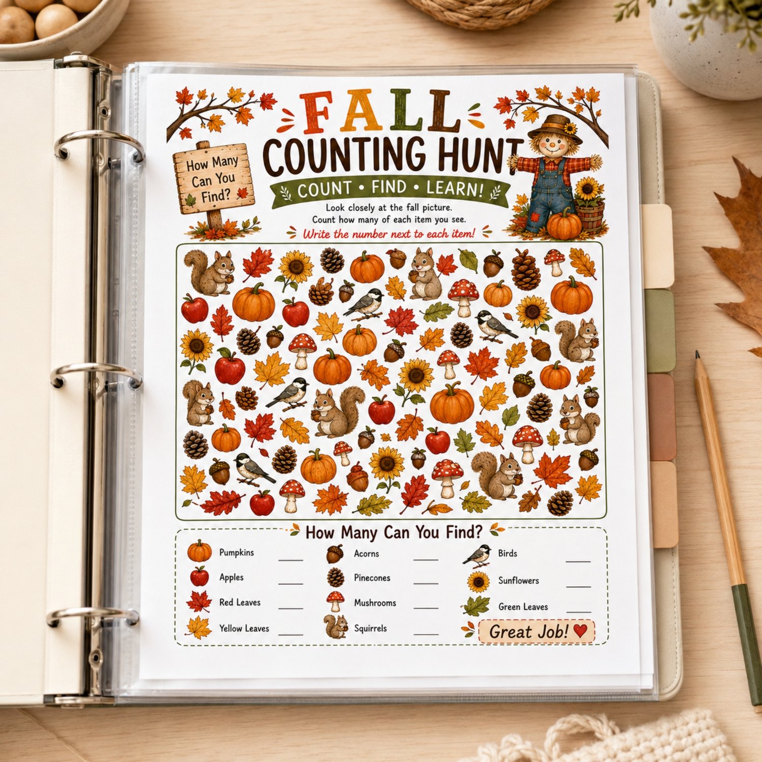 Colourful Fall Counting Hunt printable for preschool and kindergarten children featuring pumpkins, apples, leaves, squirrels, acorns, birds, mushrooms, pinecones and sunflowers to count.
