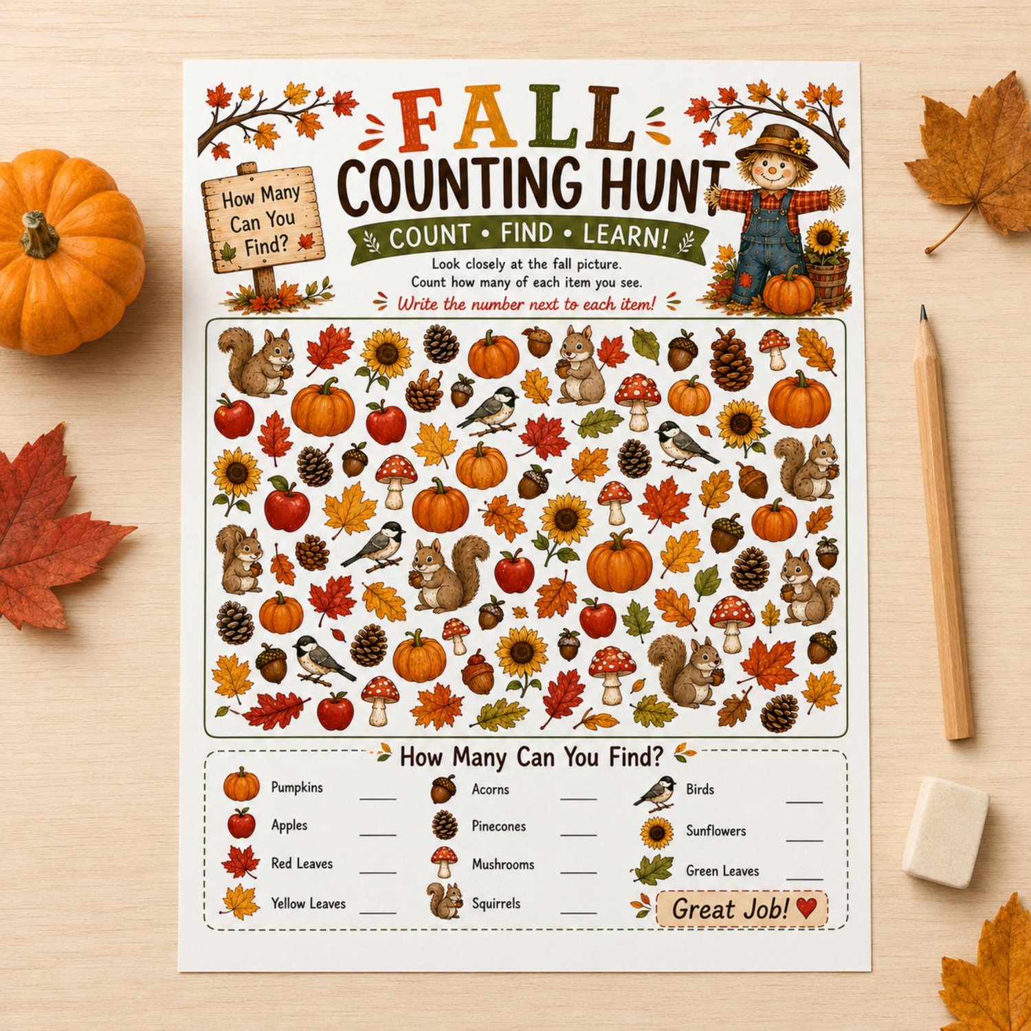 Colourful Fall Counting Hunt printable for preschool and kindergarten children featuring pumpkins, apples, leaves, squirrels, acorns, birds, mushrooms, pinecones and sunflowers to count.
