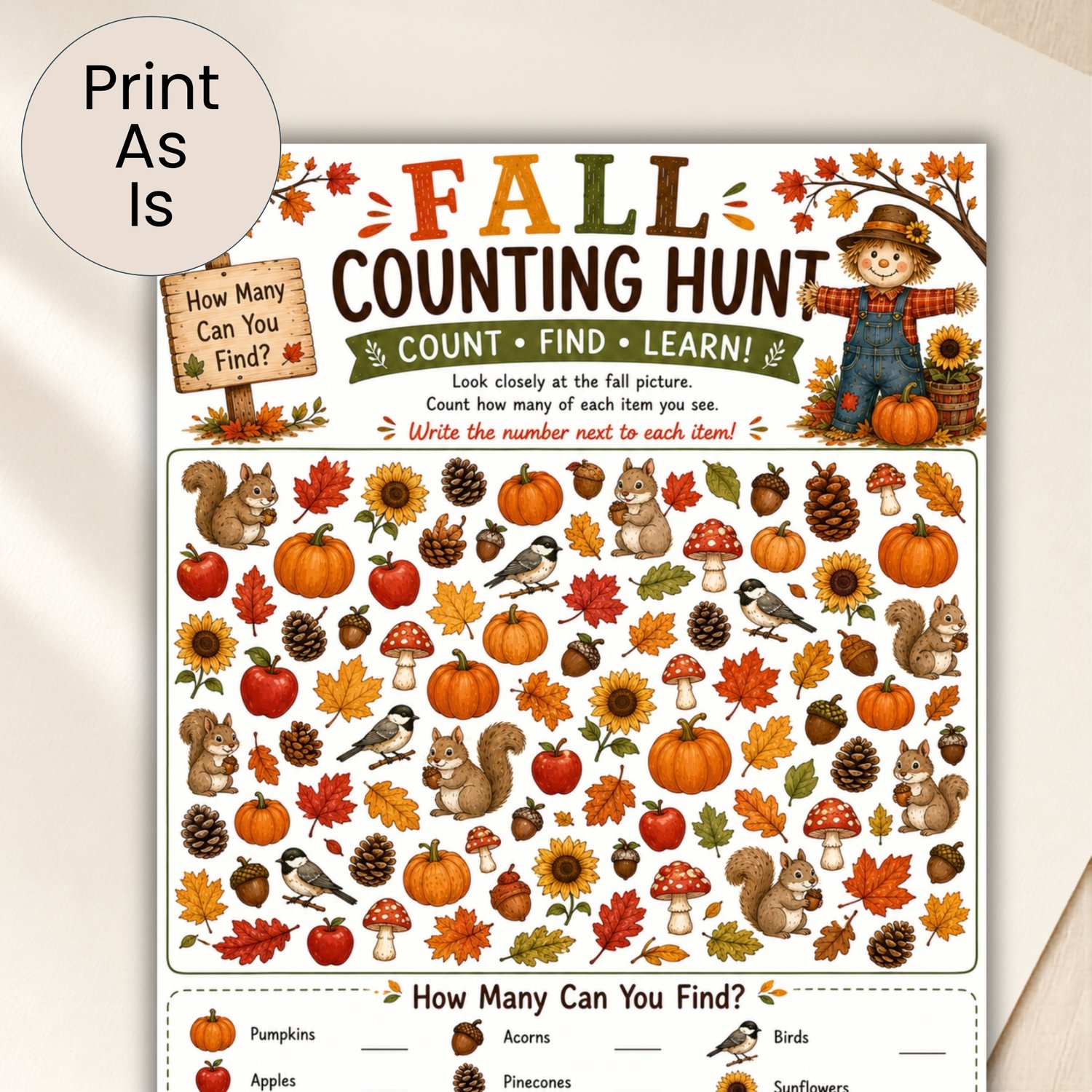 Colourful Fall Counting Hunt printable for preschool and kindergarten children featuring pumpkins, apples, leaves, squirrels, acorns, birds, mushrooms, pinecones and sunflowers to count.