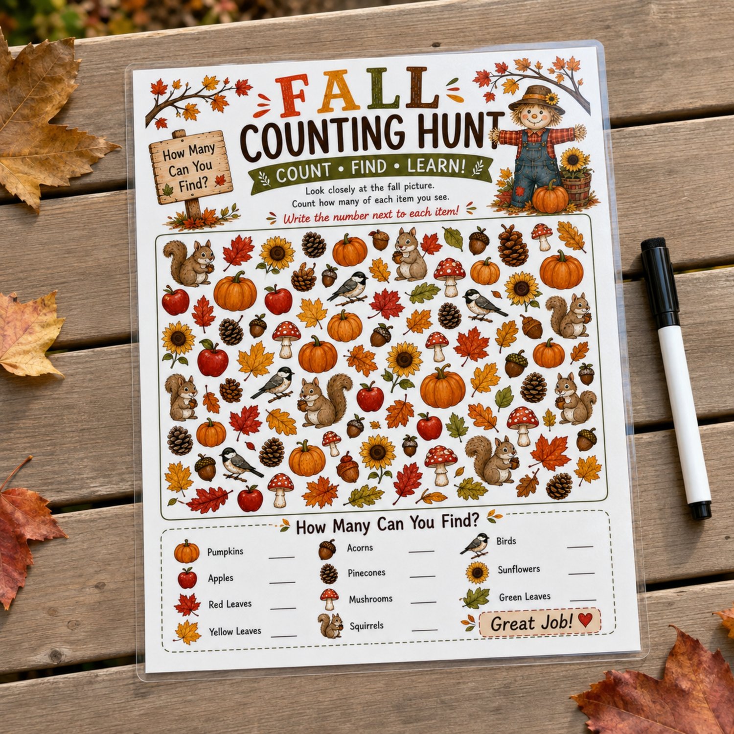 Colourful Fall Counting Hunt printable for preschool and kindergarten children featuring pumpkins, apples, leaves, squirrels, acorns, birds, mushrooms, pinecones and sunflowers to count.