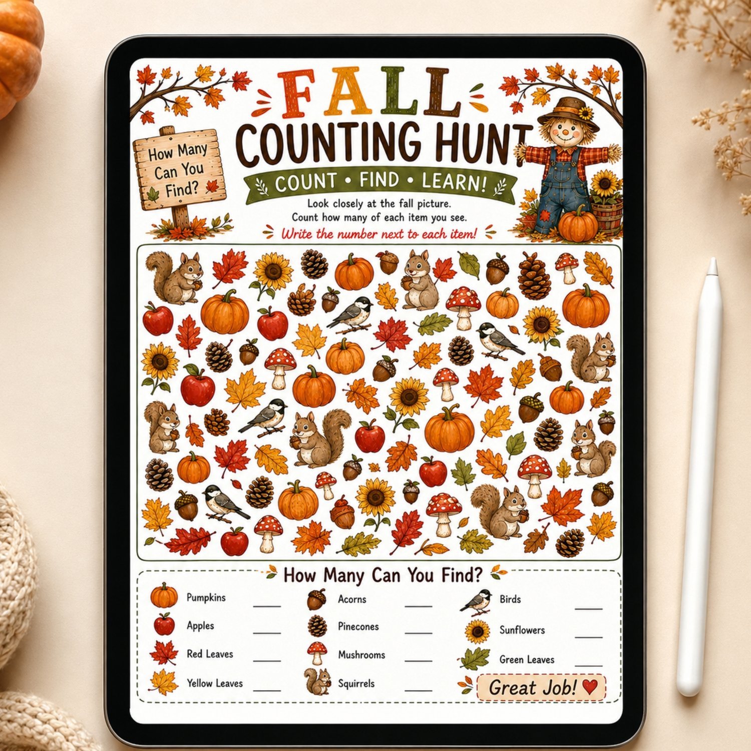 Colourful Fall Counting Hunt printable for preschool and kindergarten children featuring pumpkins, apples, leaves, squirrels, acorns, birds, mushrooms, pinecones and sunflowers to count.