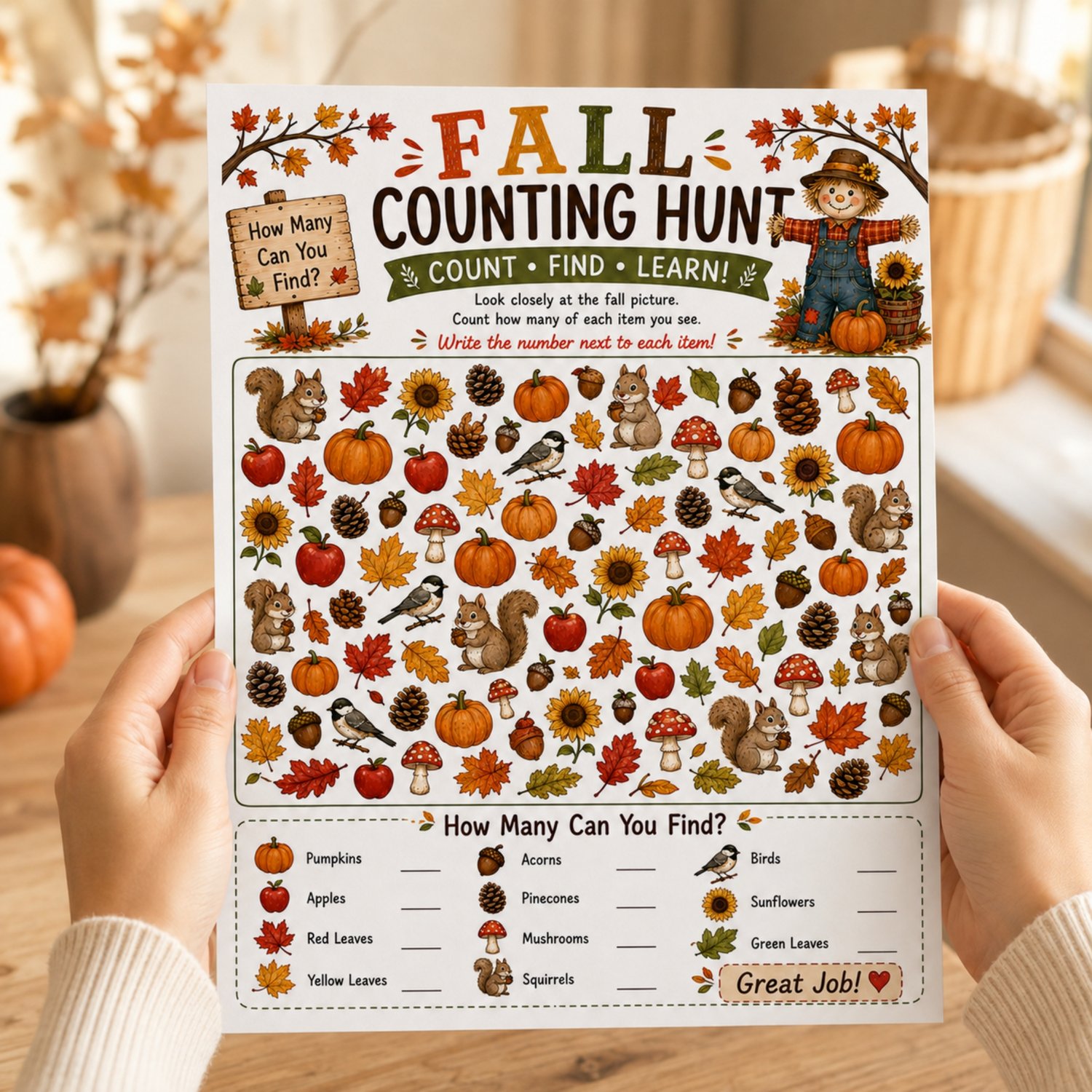 Colourful Fall Counting Hunt printable for preschool and kindergarten children featuring pumpkins, apples, leaves, squirrels, acorns, birds, mushrooms, pinecones and sunflowers to count.