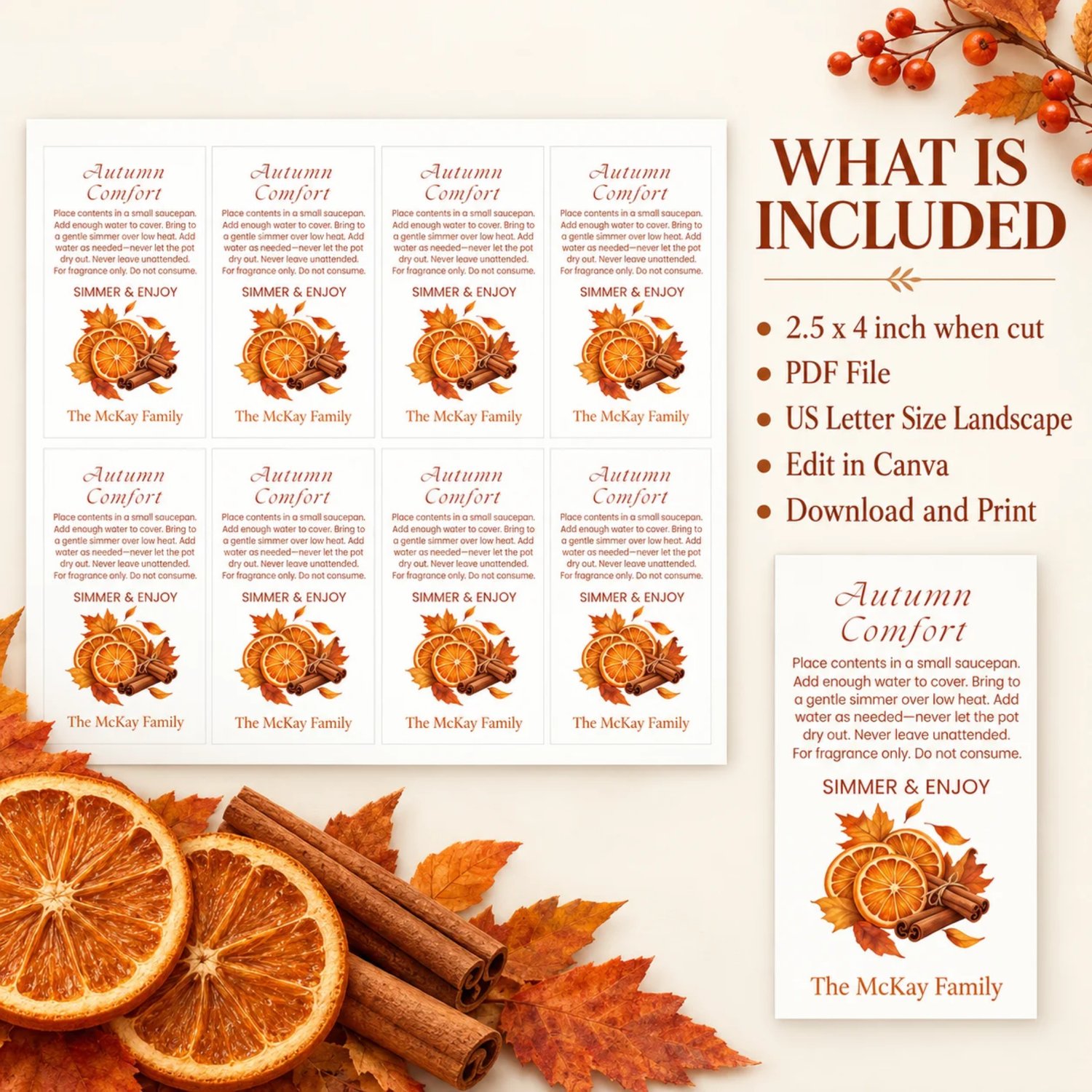 Sheet of eight Autumn Comfort potpourri gift tags with orange slices, cinnamon sticks, fall leaves, simmering instructions, and a family name on white.