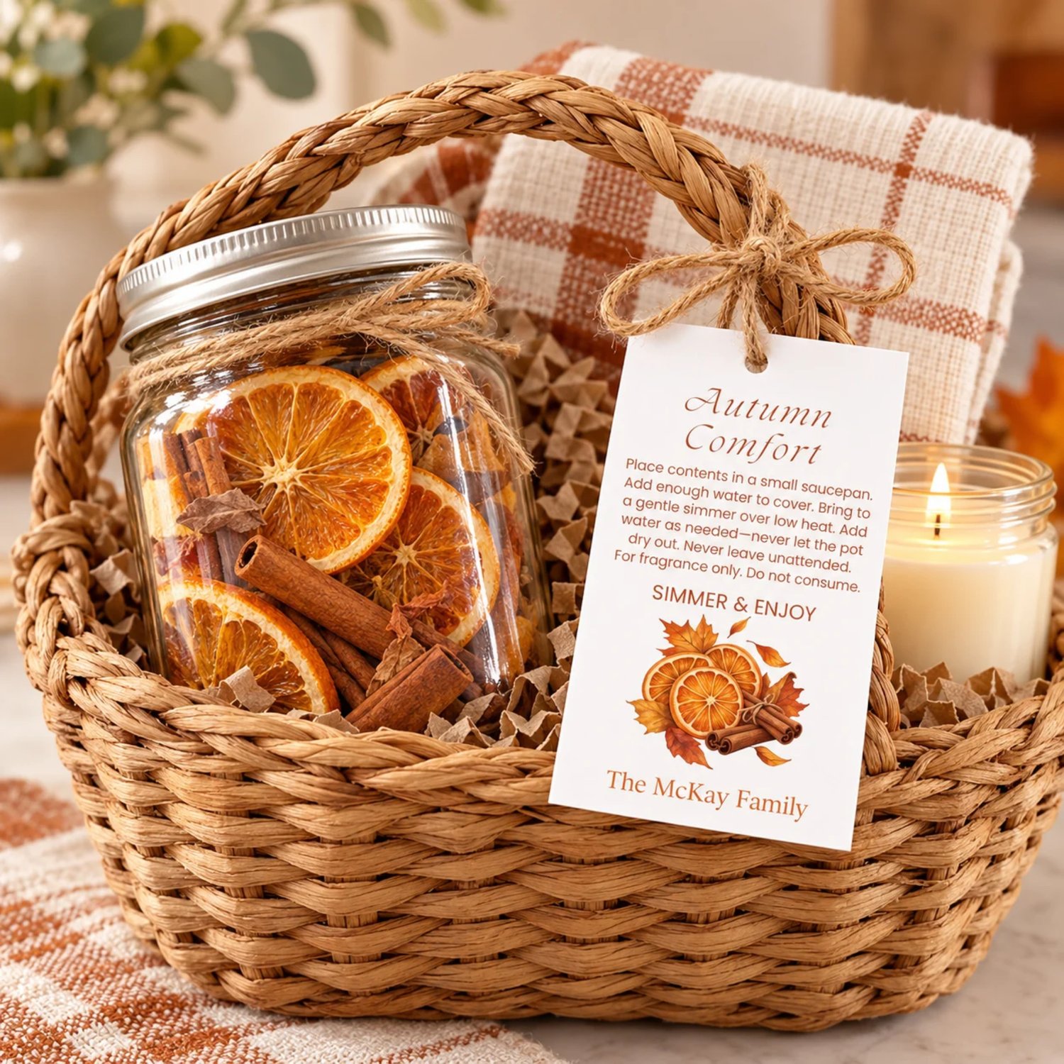 Sheet of eight Autumn Comfort potpourri gift tags with orange slices, cinnamon sticks, fall leaves, simmering instructions, and a family name on white.