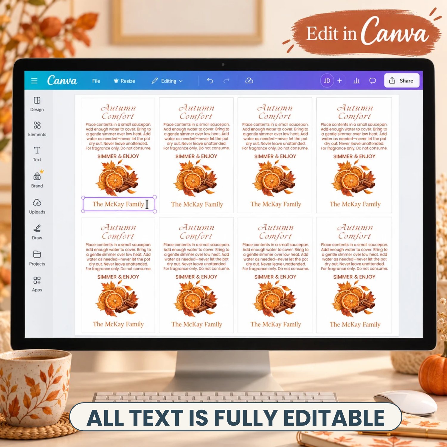 Sheet of eight Autumn Comfort potpourri gift tags with orange slices, cinnamon sticks, fall leaves, simmering instructions, and a family name on white.