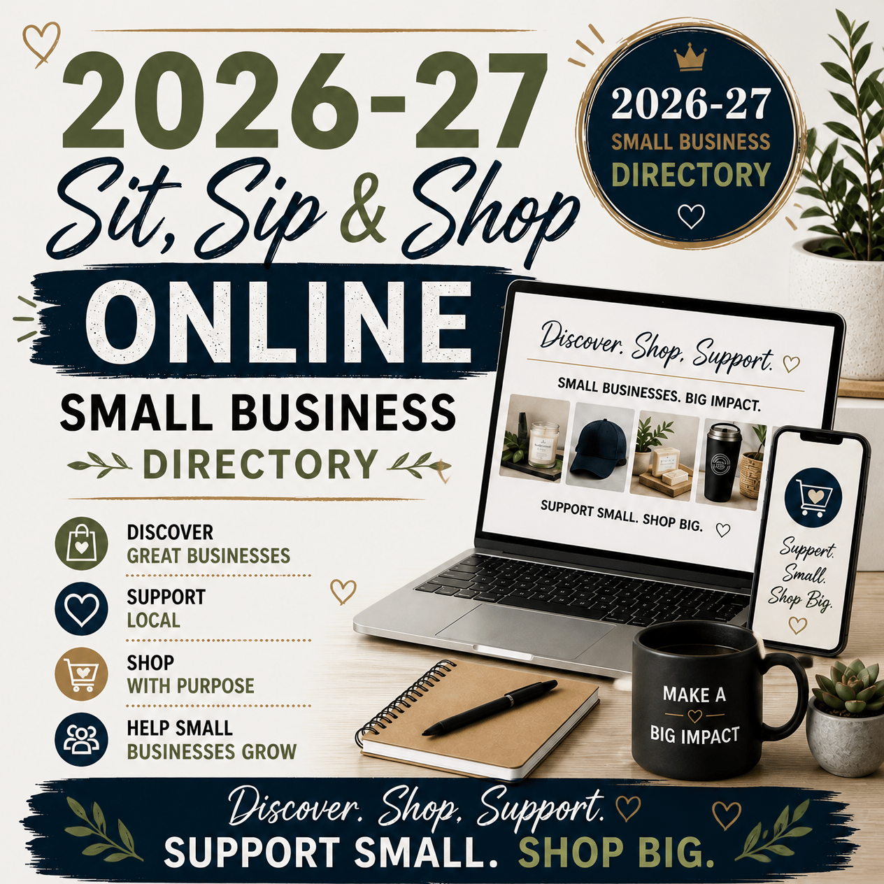 Discover Sit, Sip & Shop featured small business listings. Promote your business through our online shopping directory, with opportunities for additional exposure across social media, blogs, websites, and other online outlets. Choose a listing term that f