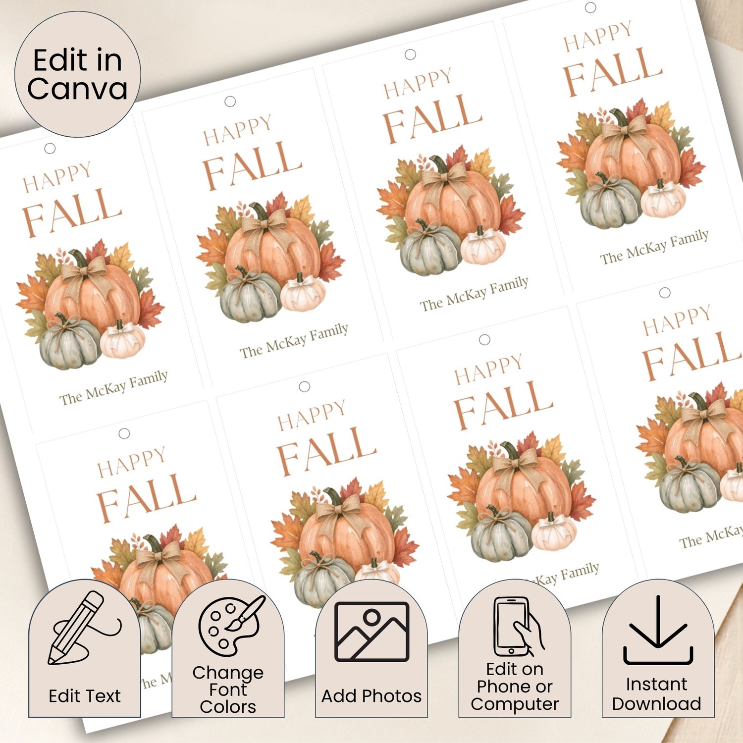 A rectangular white gift tag temaplate featuring the text HAPPY FALL in brown letters at the top and editable text at the bottom. The center displays a watercolor illustration of three pumpkins in orange, green, and white with autumn leaves.