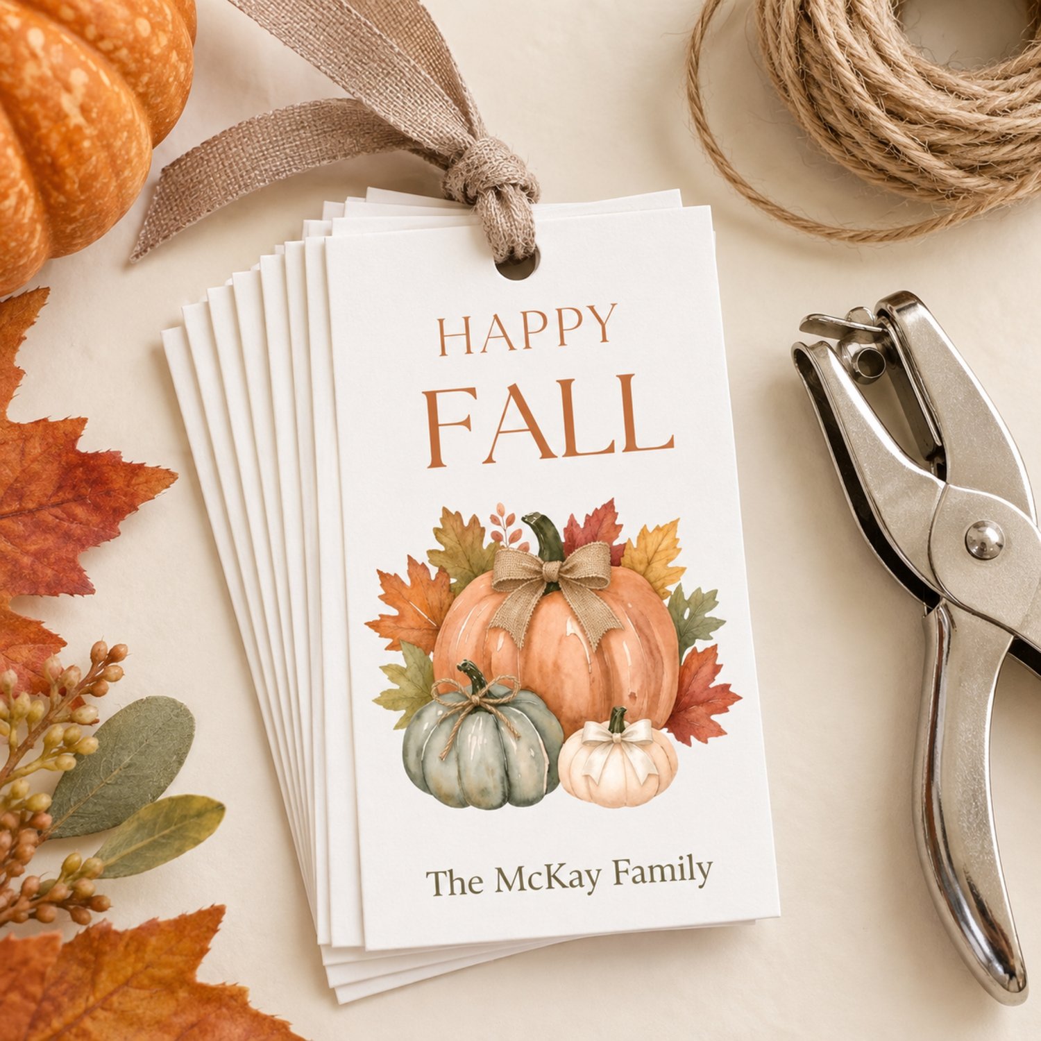 A rectangular white gift tag temaplate featuring the text HAPPY FALL in brown letters at the top and editable text at the bottom. The center displays a watercolor illustration of three pumpkins in orange, green, and white with autumn leaves.