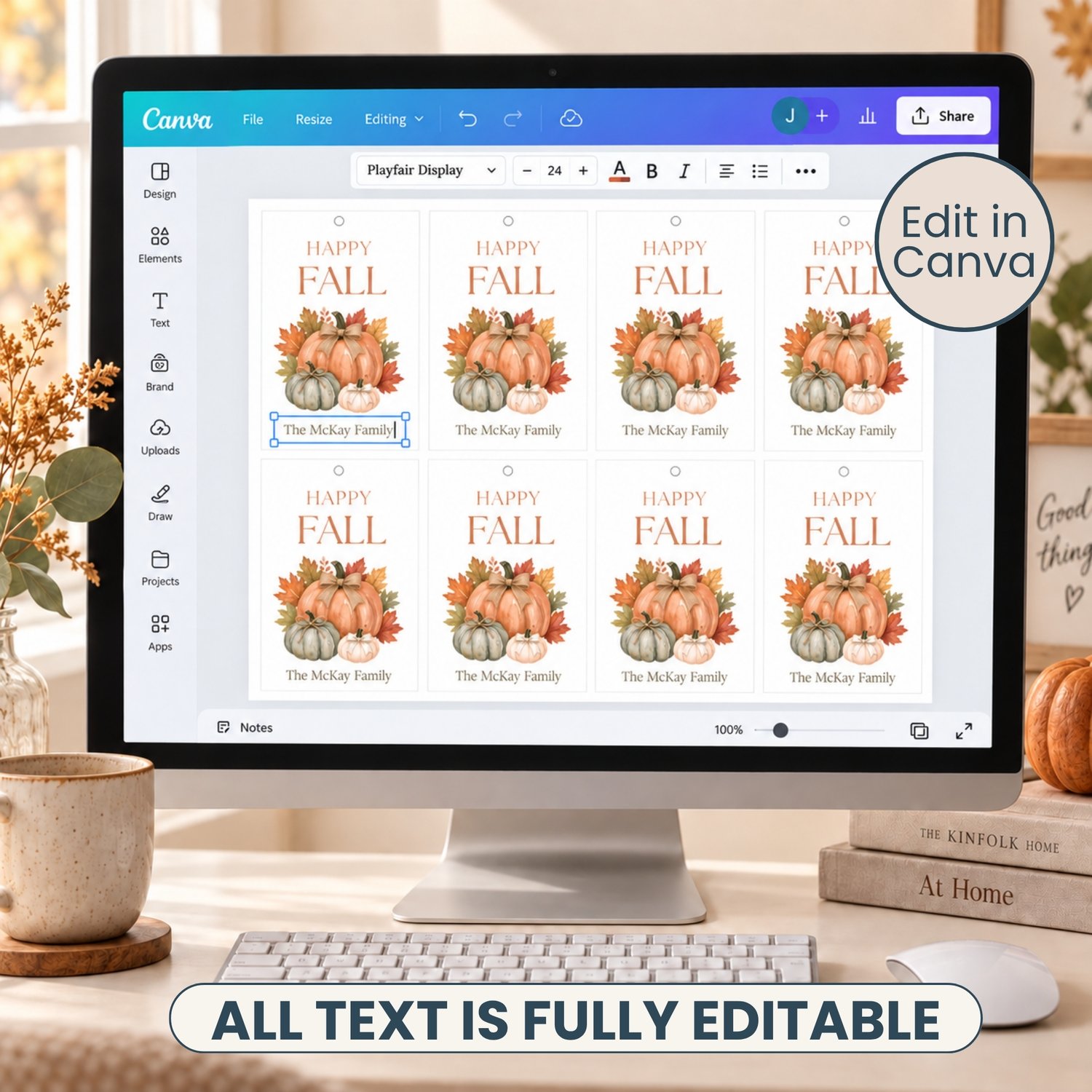 A rectangular white gift tag temaplate featuring the text HAPPY FALL in brown letters at the top and editable text at the bottom. The center displays a watercolor illustration of three pumpkins in orange, green, and white with autumn leaves.