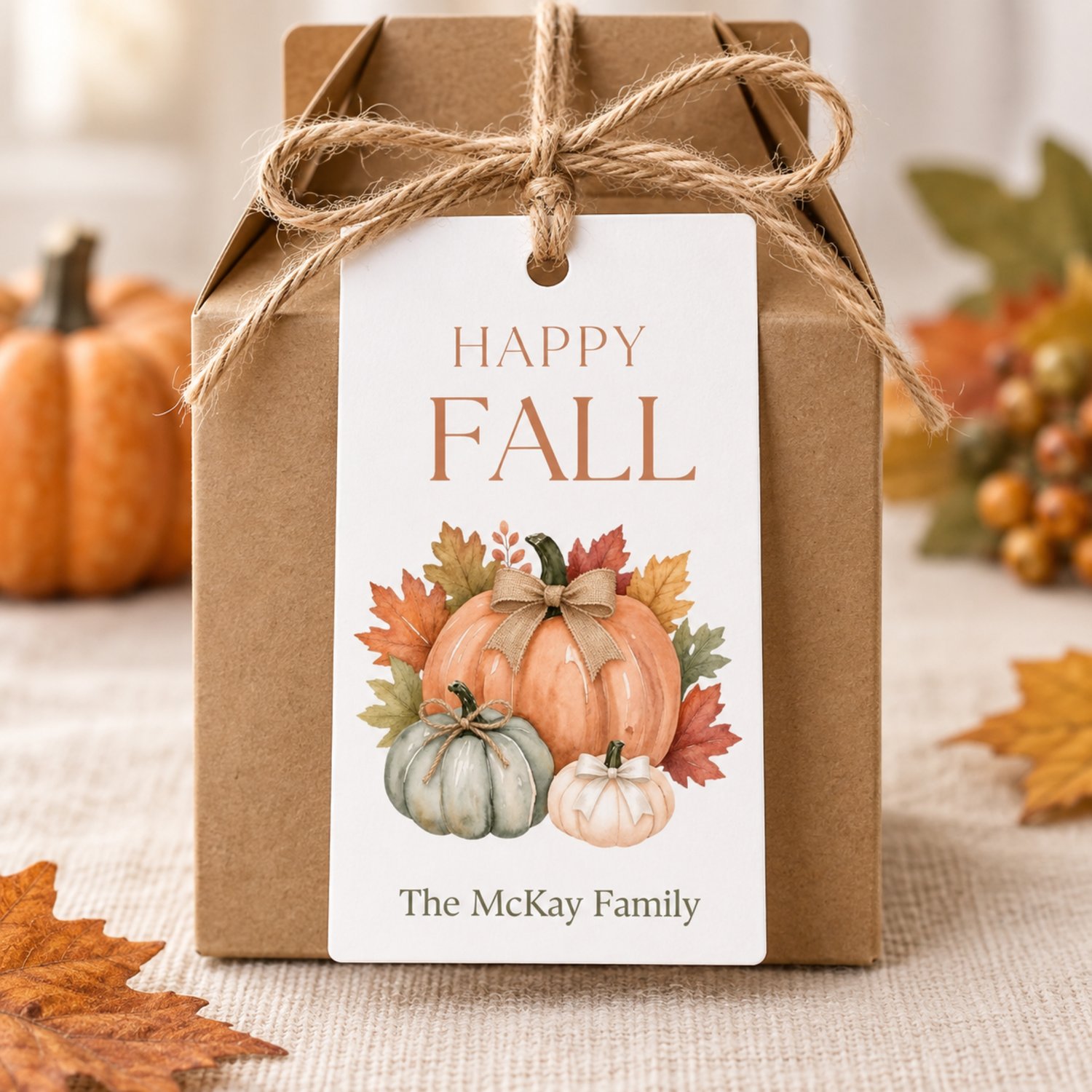 A rectangular white gift tag temaplate featuring the text HAPPY FALL in brown letters at the top and editable text at the bottom. The center displays a watercolor illustration of three pumpkins in orange, green, and white with autumn leaves.