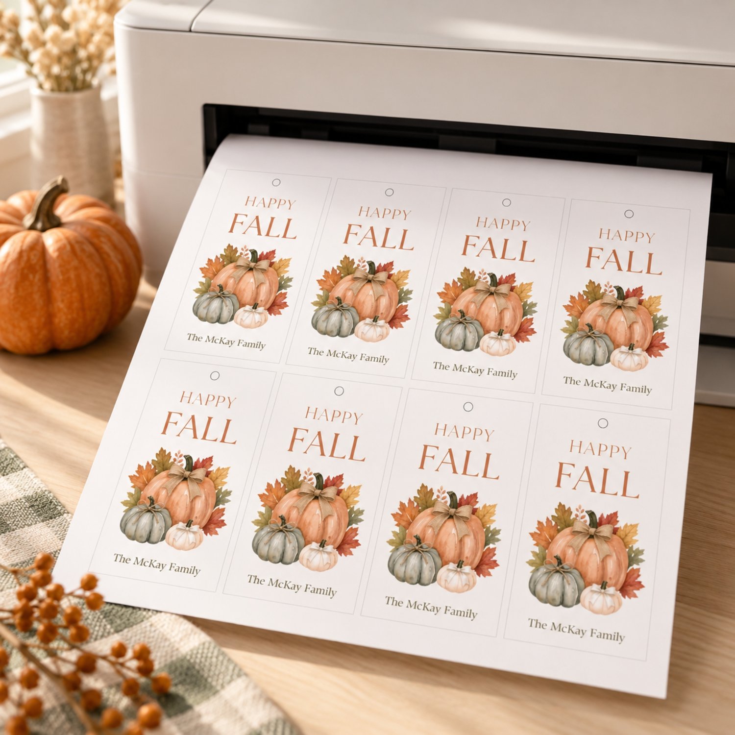 A rectangular white gift tag temaplate featuring the text HAPPY FALL in brown letters at the top and editable text at the bottom. The center displays a watercolor illustration of three pumpkins in orange, green, and white with autumn leaves.