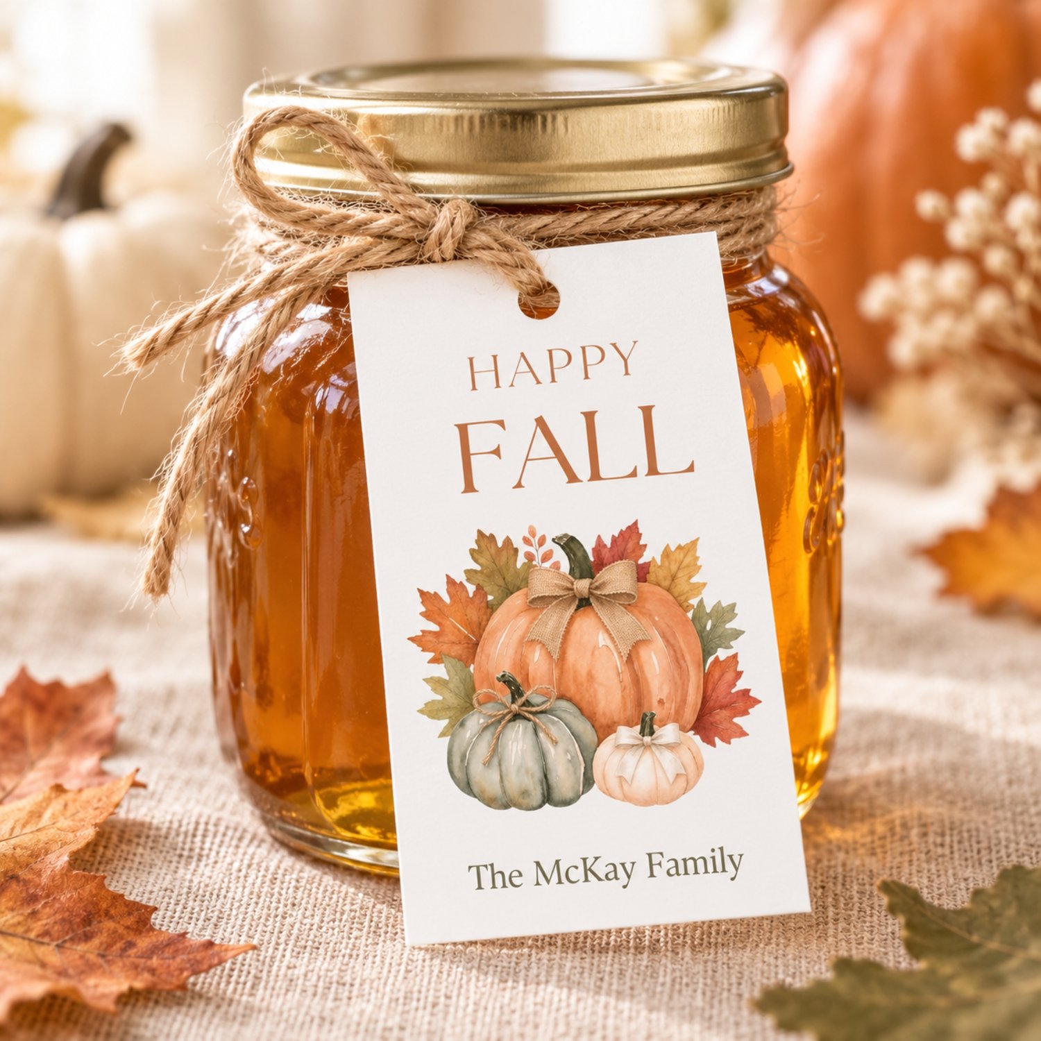 A rectangular white gift tag temaplate featuring the text HAPPY FALL in brown letters at the top and editable text at the bottom. The center displays a watercolor illustration of three pumpkins in orange, green, and white with autumn leaves.