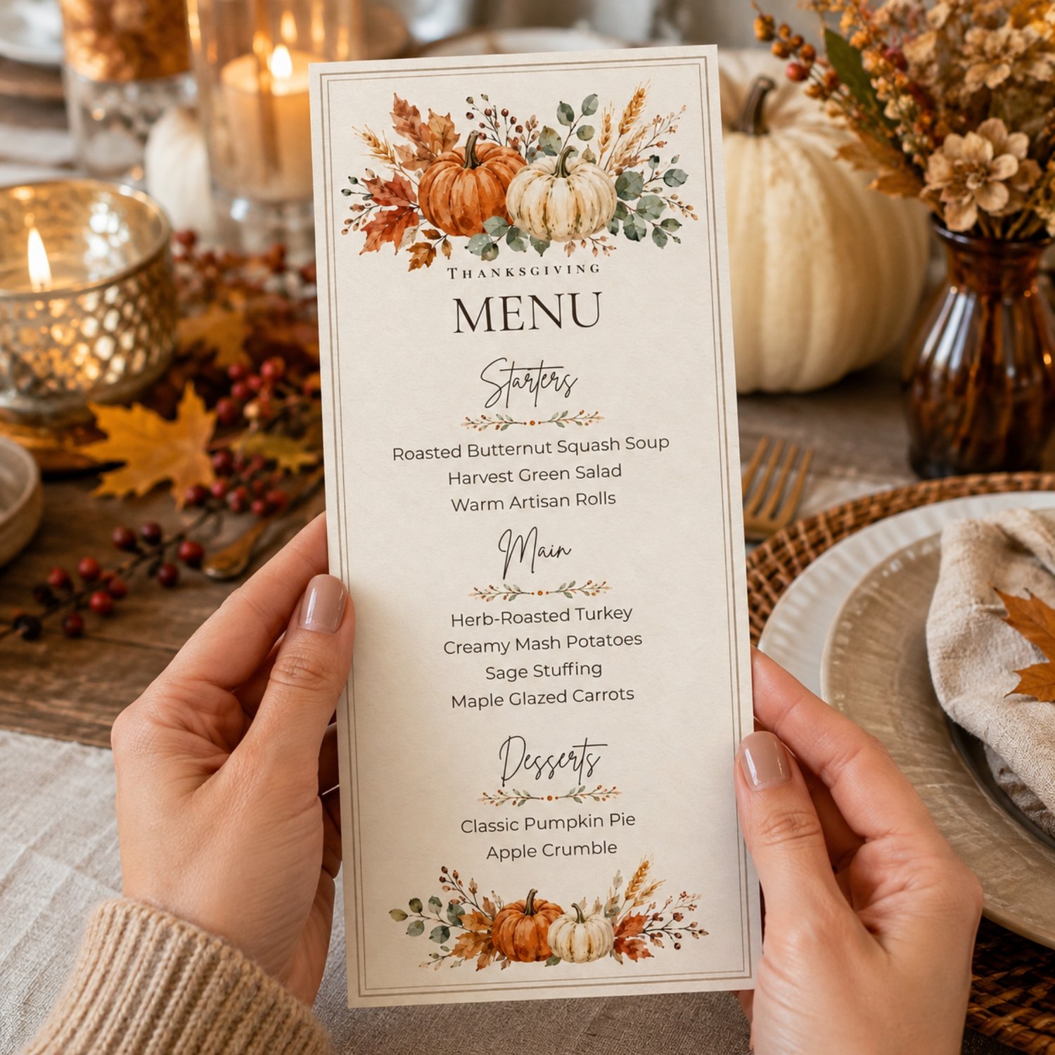Two rustic 4 x 9-inch Thanksgiving menu cards arranged on a letter-size page, featuring watercolor orange and cream pumpkins, fall leaves, greenery and an editable dinner menu.