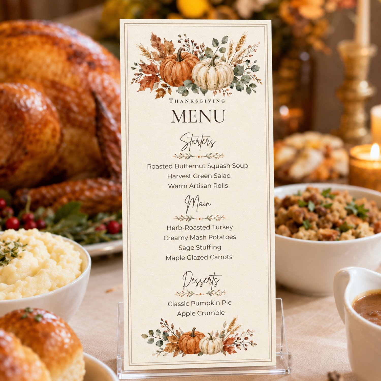 Two rustic 4 x 9-inch Thanksgiving menu cards arranged on a letter-size page, featuring watercolor orange and cream pumpkins, fall leaves, greenery and an editable dinner menu.