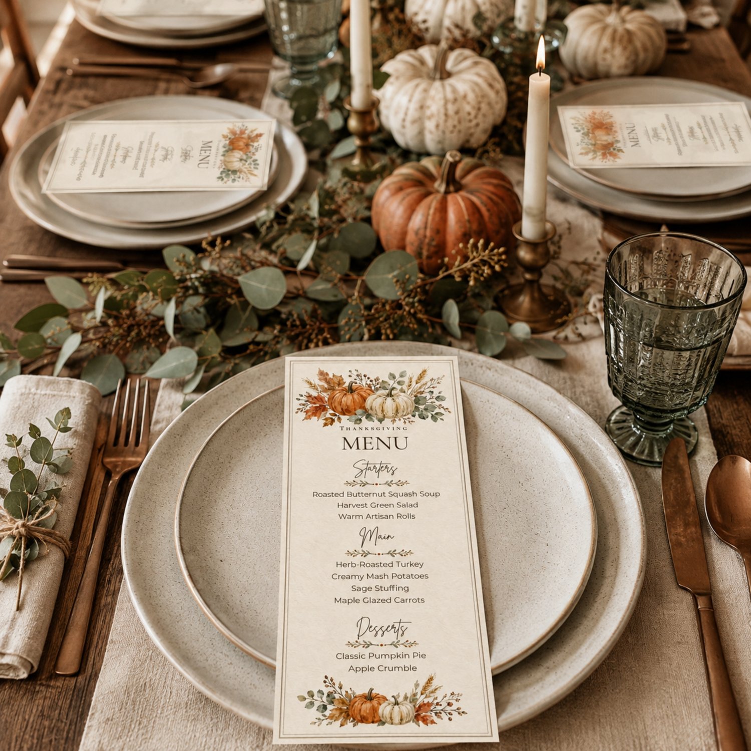 Two rustic 4 x 9-inch Thanksgiving menu cards arranged on a letter-size page, featuring watercolor orange and cream pumpkins, fall leaves, greenery and an editable dinner menu.