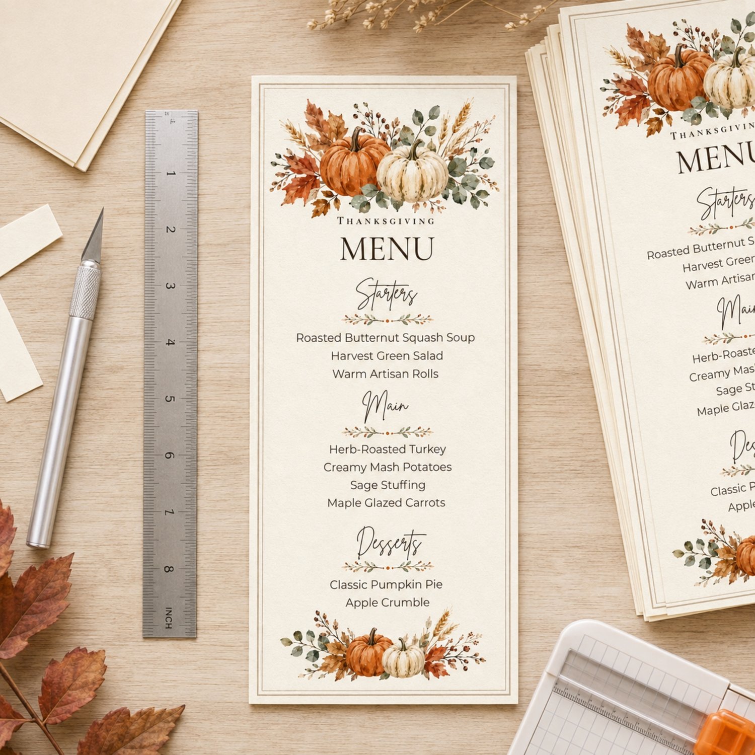 Two rustic 4 x 9-inch Thanksgiving menu cards arranged on a letter-size page, featuring watercolor orange and cream pumpkins, fall leaves, greenery and an editable dinner menu.