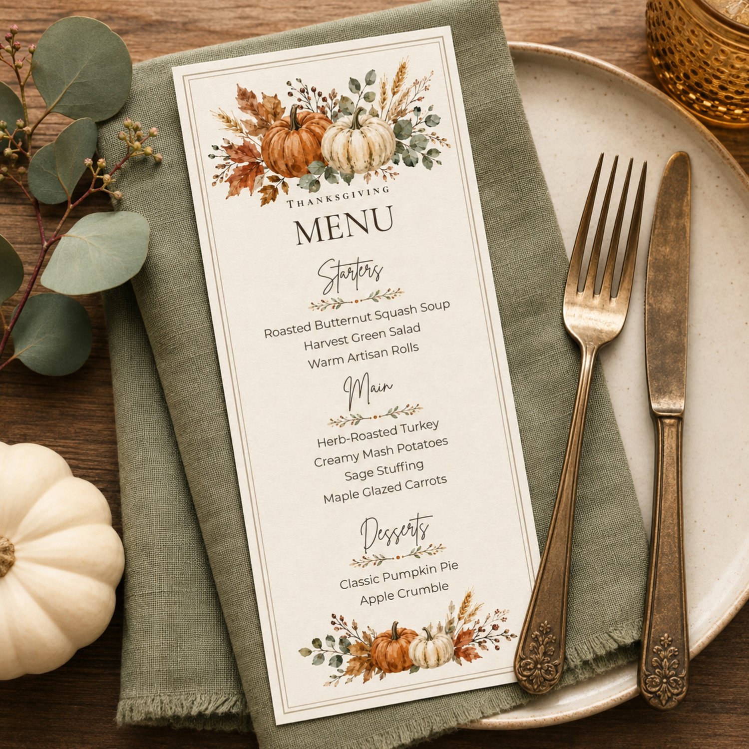 Two rustic 4 x 9-inch Thanksgiving menu cards arranged on a letter-size page, featuring watercolor orange and cream pumpkins, fall leaves, greenery and an editable dinner menu.