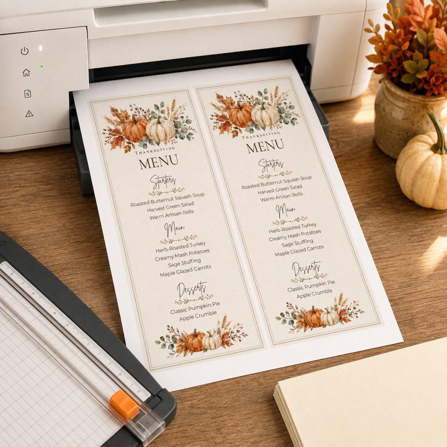 Two rustic 4 x 9-inch Thanksgiving menu cards arranged on a letter-size page, featuring watercolor orange and cream pumpkins, fall leaves, greenery and an editable dinner menu.