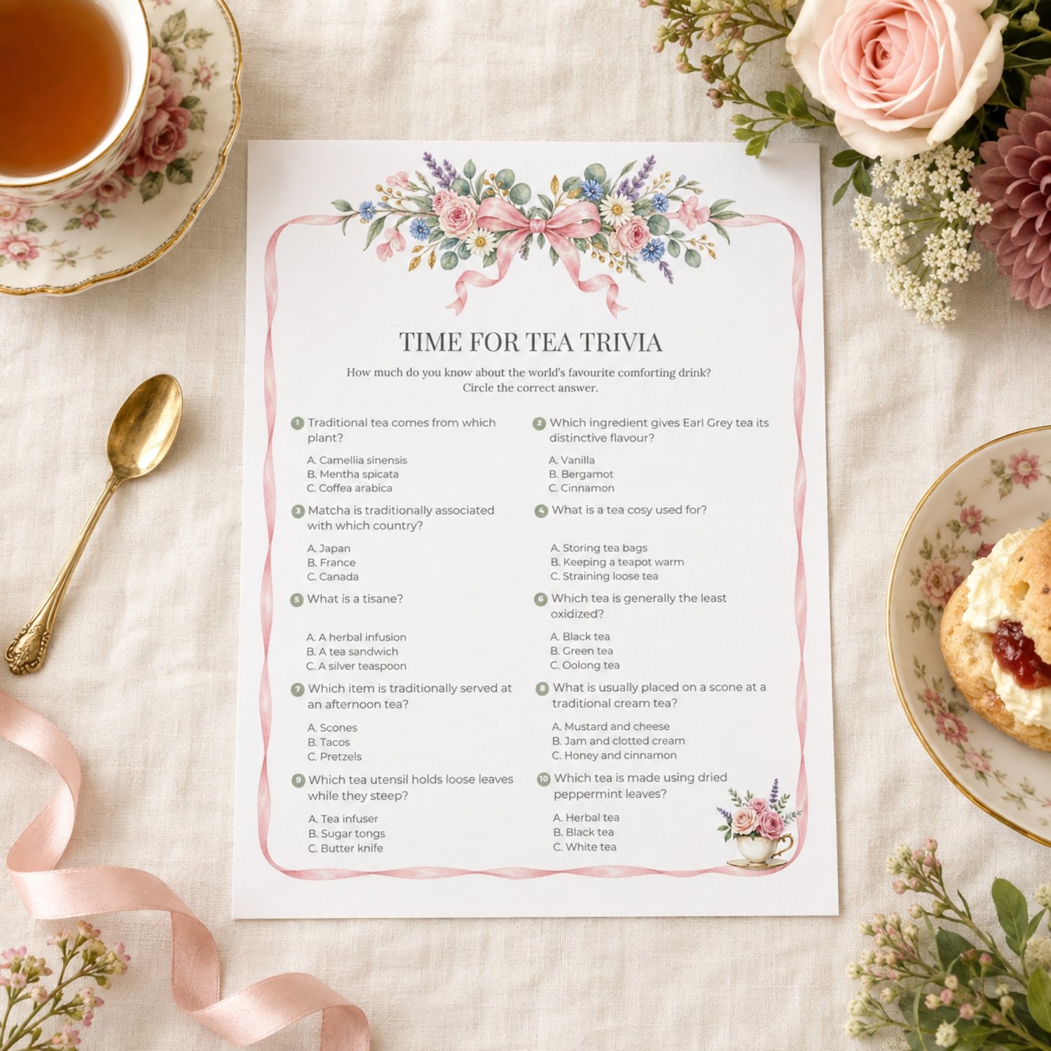 Printable Garden Tea Party Trivia Game with 10 multiple-choice tea questions, watercolor pink ribbon and English garden flowers, floral teacup and answer sheet.