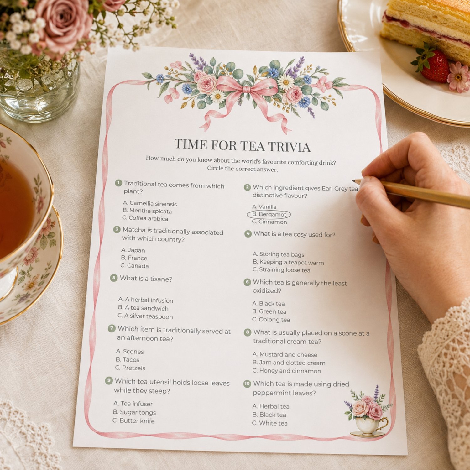 Printable Garden Tea Party Trivia Game with 10 multiple-choice tea questions, watercolor pink ribbon and English garden flowers, floral teacup and answer sheet.