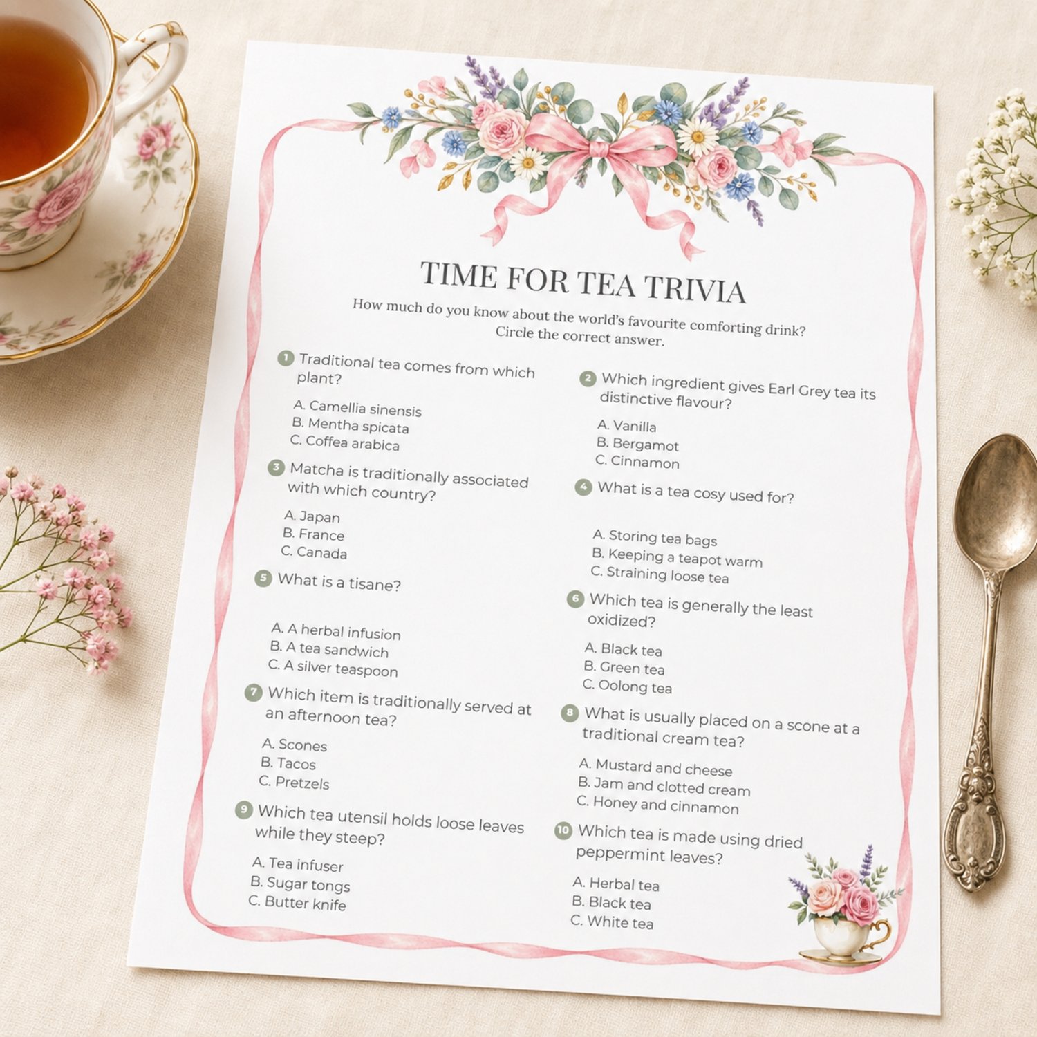 Printable Garden Tea Party Trivia Game with 10 multiple-choice tea questions, watercolor pink ribbon and English garden flowers, floral teacup and answer sheet.