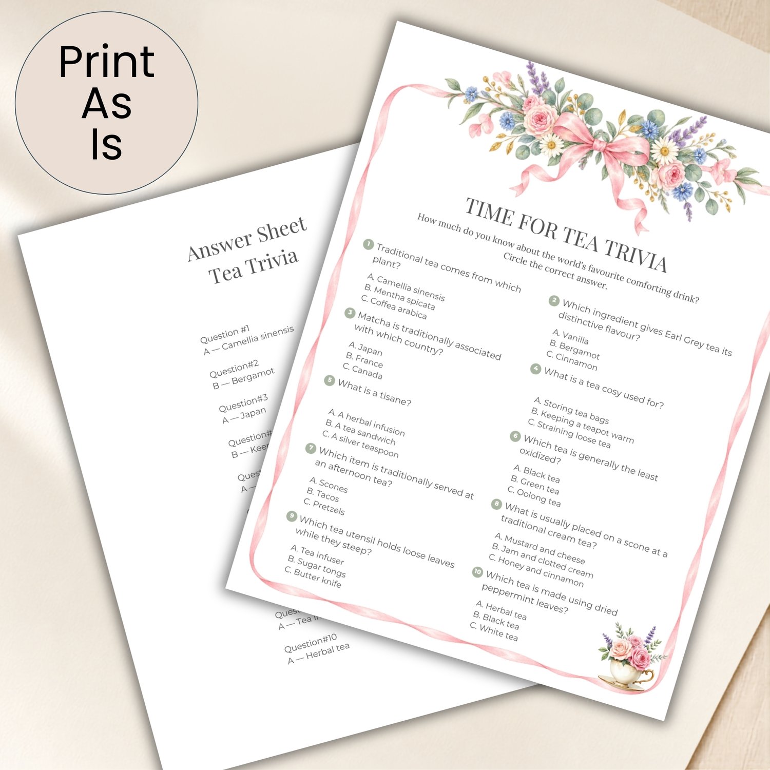 Printable Garden Tea Party Trivia Game with 10 multiple-choice tea questions, watercolor pink ribbon and English garden flowers, floral teacup and answer sheet.