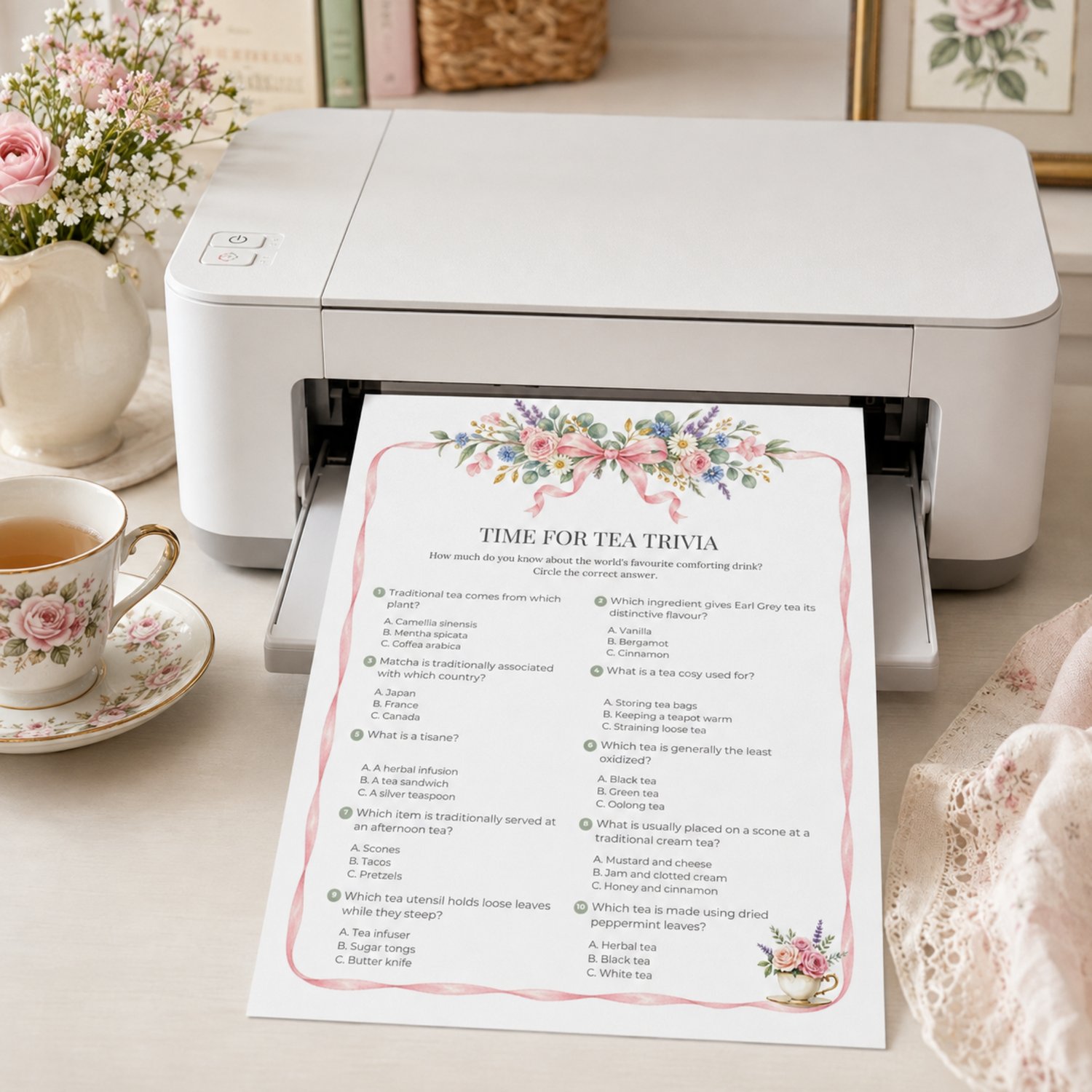 Printable Garden Tea Party Trivia Game with 10 multiple-choice tea questions, watercolor pink ribbon and English garden flowers, floral teacup and answer sheet.