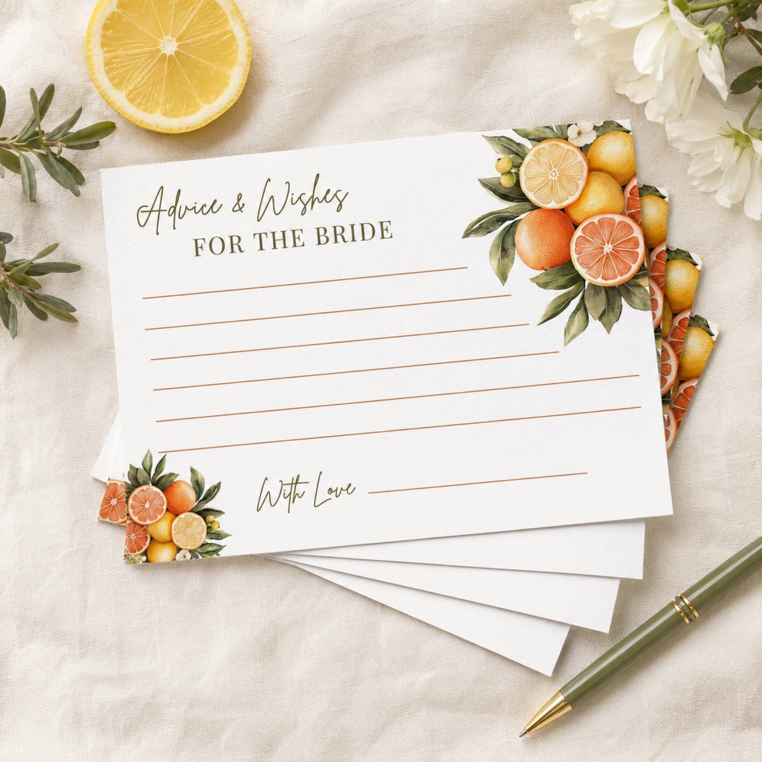 Printable citrus Advice and Wishes for the Bride cards featuring lemons, oranges, white blossoms and green leaves, with four 5 by 3.5-inch cards arranged on a landscape US Letter page.