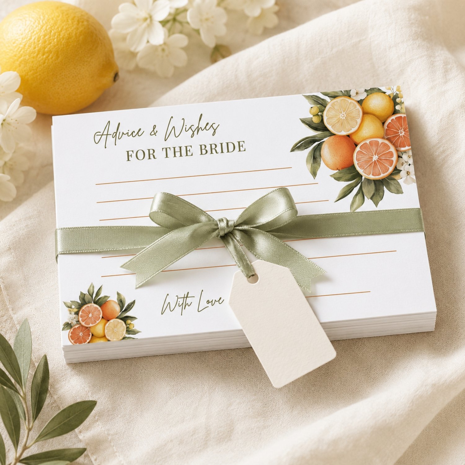 Printable citrus Advice and Wishes for the Bride cards featuring lemons, oranges, white blossoms and green leaves, with four 5 by 3.5-inch cards arranged on a landscape US Letter page.