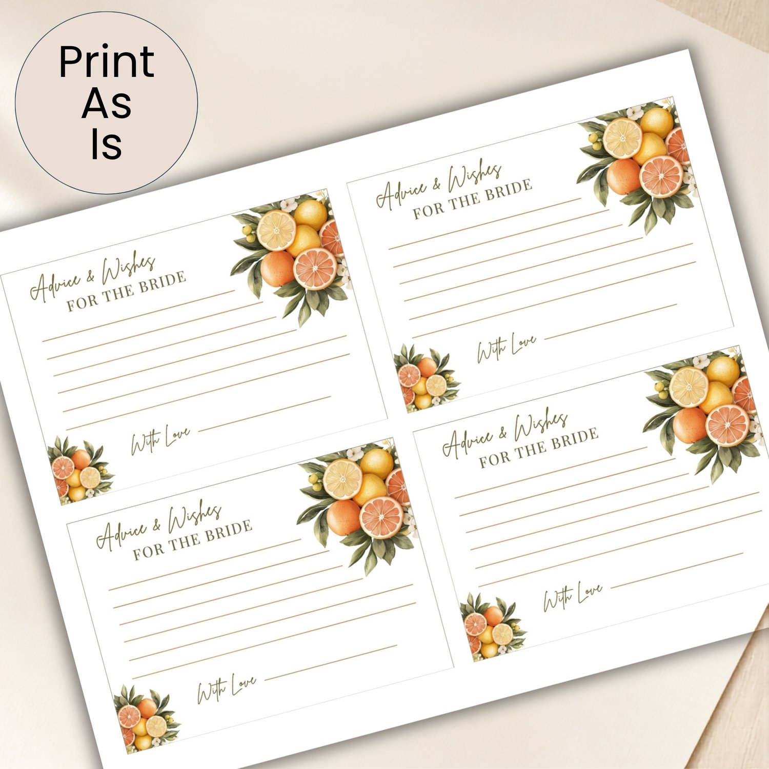 Printable citrus Advice and Wishes for the Bride cards featuring lemons, oranges, white blossoms and green leaves, with four 5 by 3.5-inch cards arranged on a landscape US Letter page.