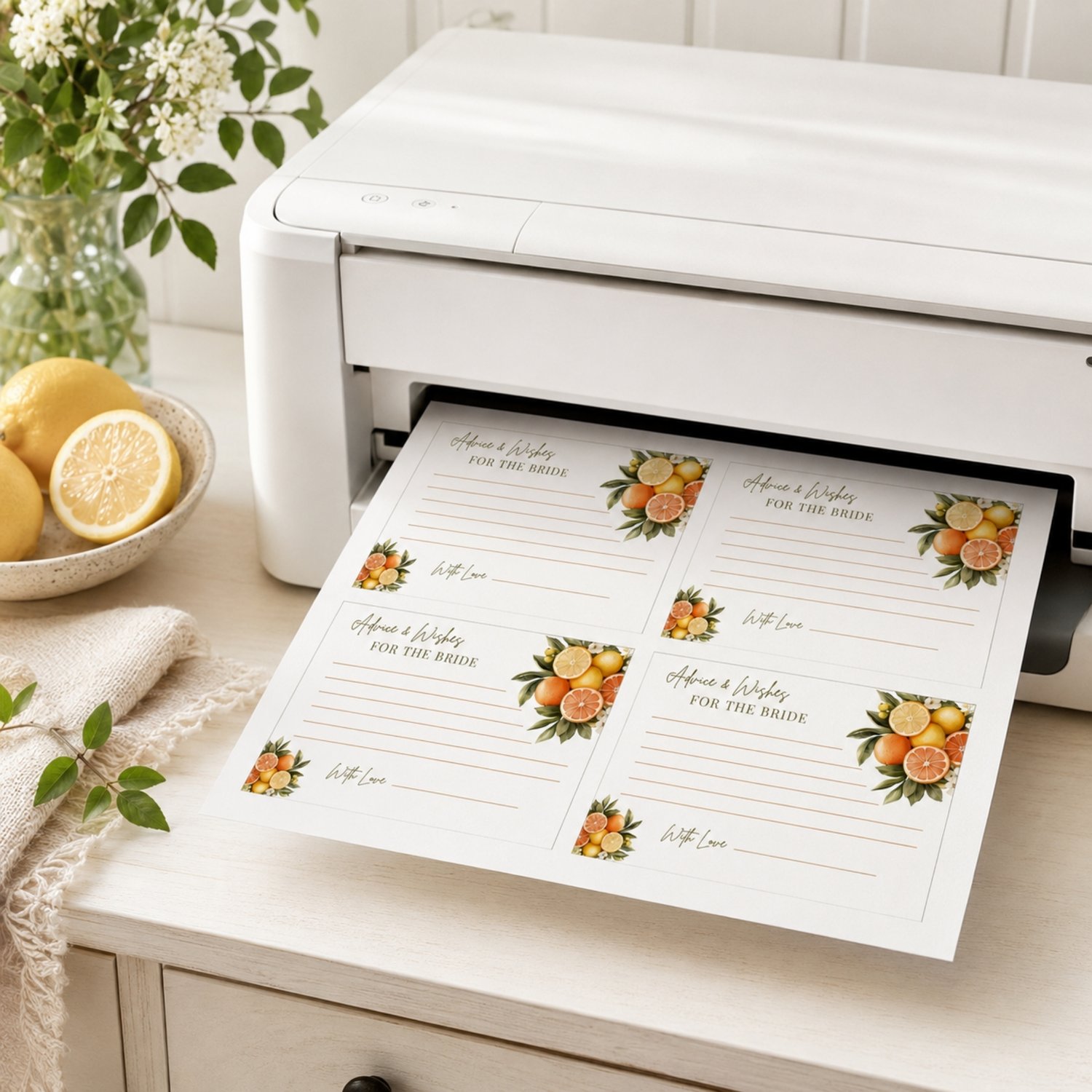 Printable citrus Advice and Wishes for the Bride cards featuring lemons, oranges, white blossoms and green leaves, with four 5 by 3.5-inch cards arranged on a landscape US Letter page.