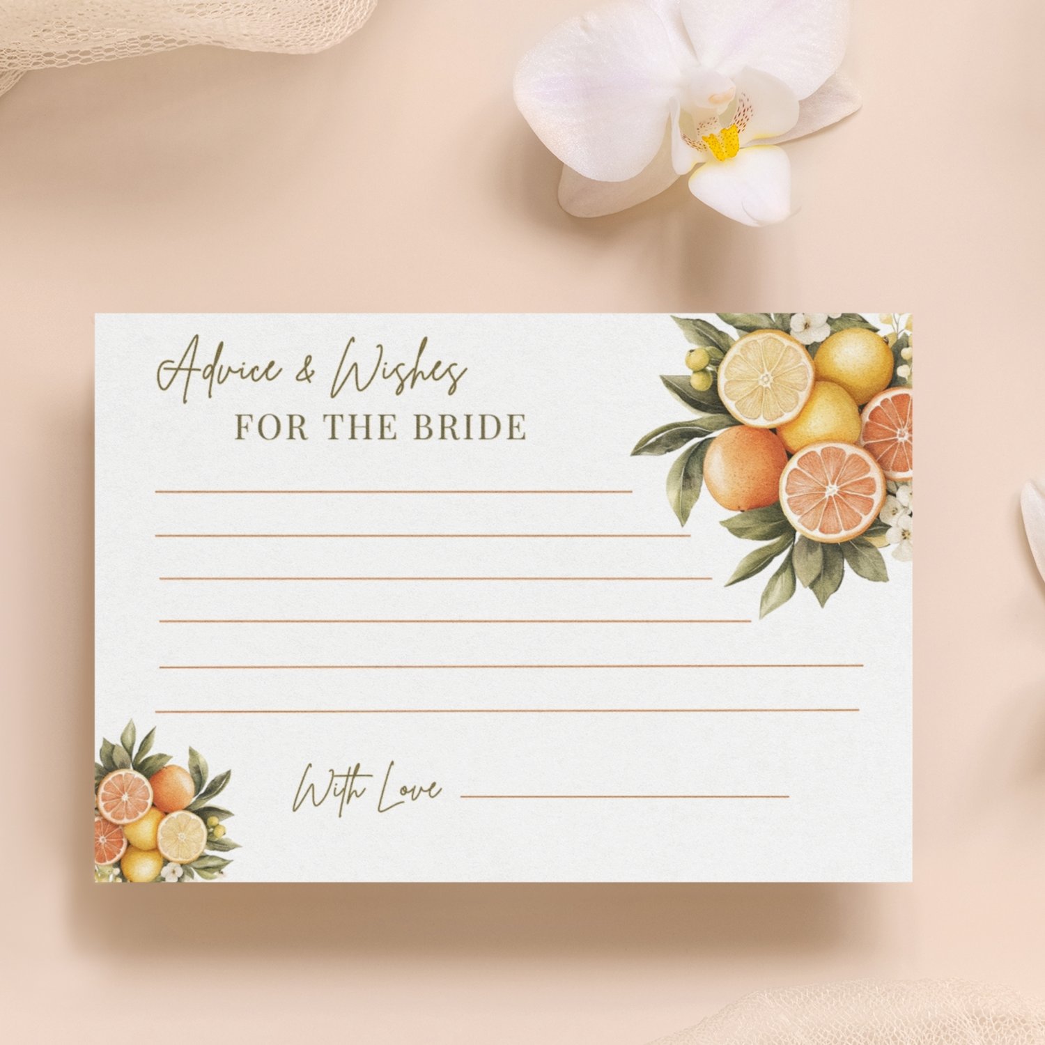Printable citrus Advice and Wishes for the Bride cards featuring lemons, oranges, white blossoms and green leaves, with four 5 by 3.5-inch cards arranged on a landscape US Letter page.