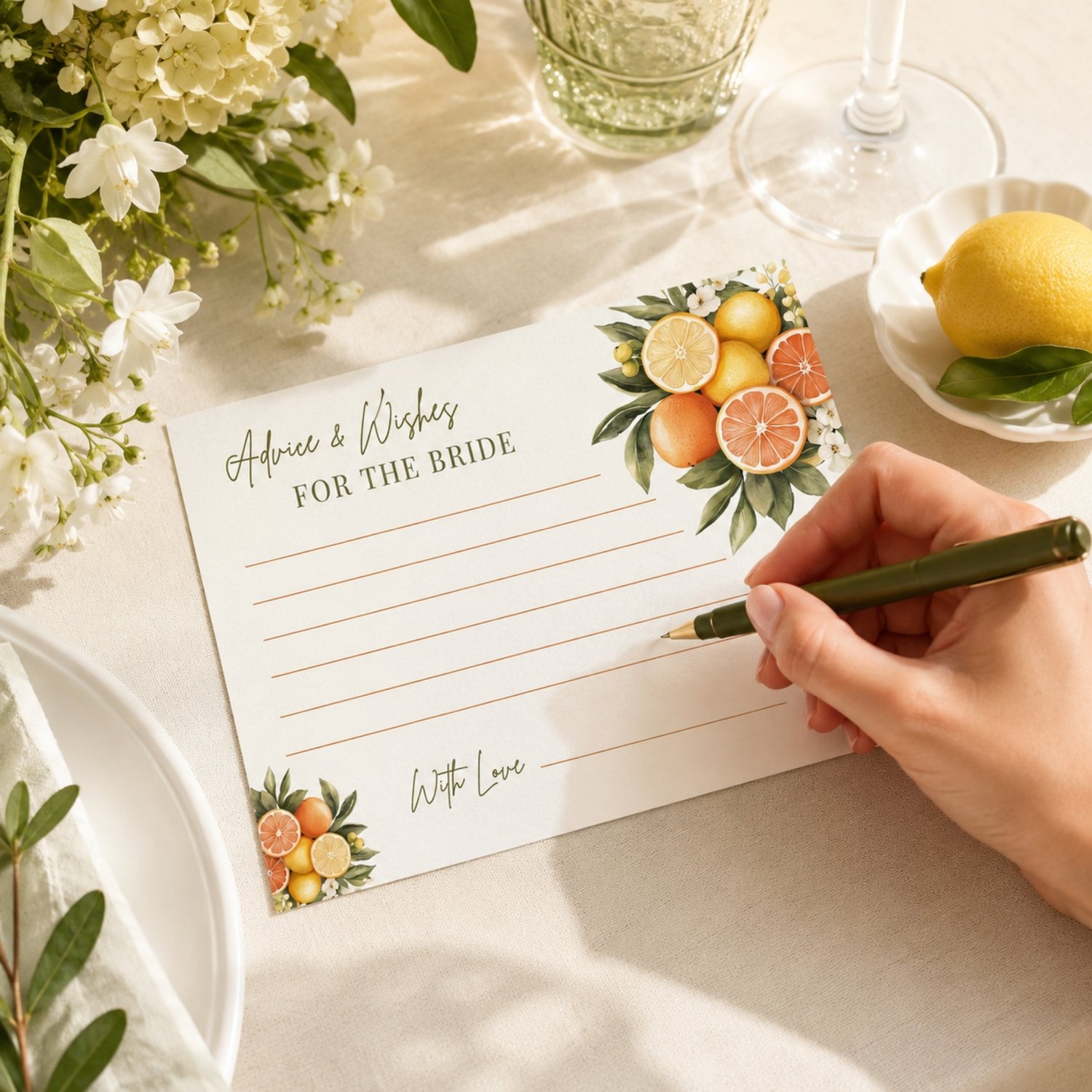 Printable citrus Advice and Wishes for the Bride cards featuring lemons, oranges, white blossoms and green leaves, with four 5 by 3.5-inch cards arranged on a landscape US Letter page.