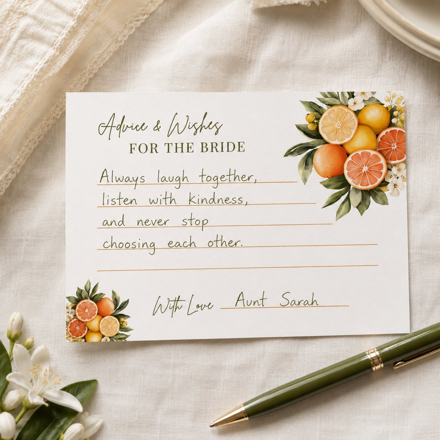Printable citrus Advice and Wishes for the Bride cards featuring lemons, oranges, white blossoms and green leaves, with four 5 by 3.5-inch cards arranged on a landscape US Letter page.