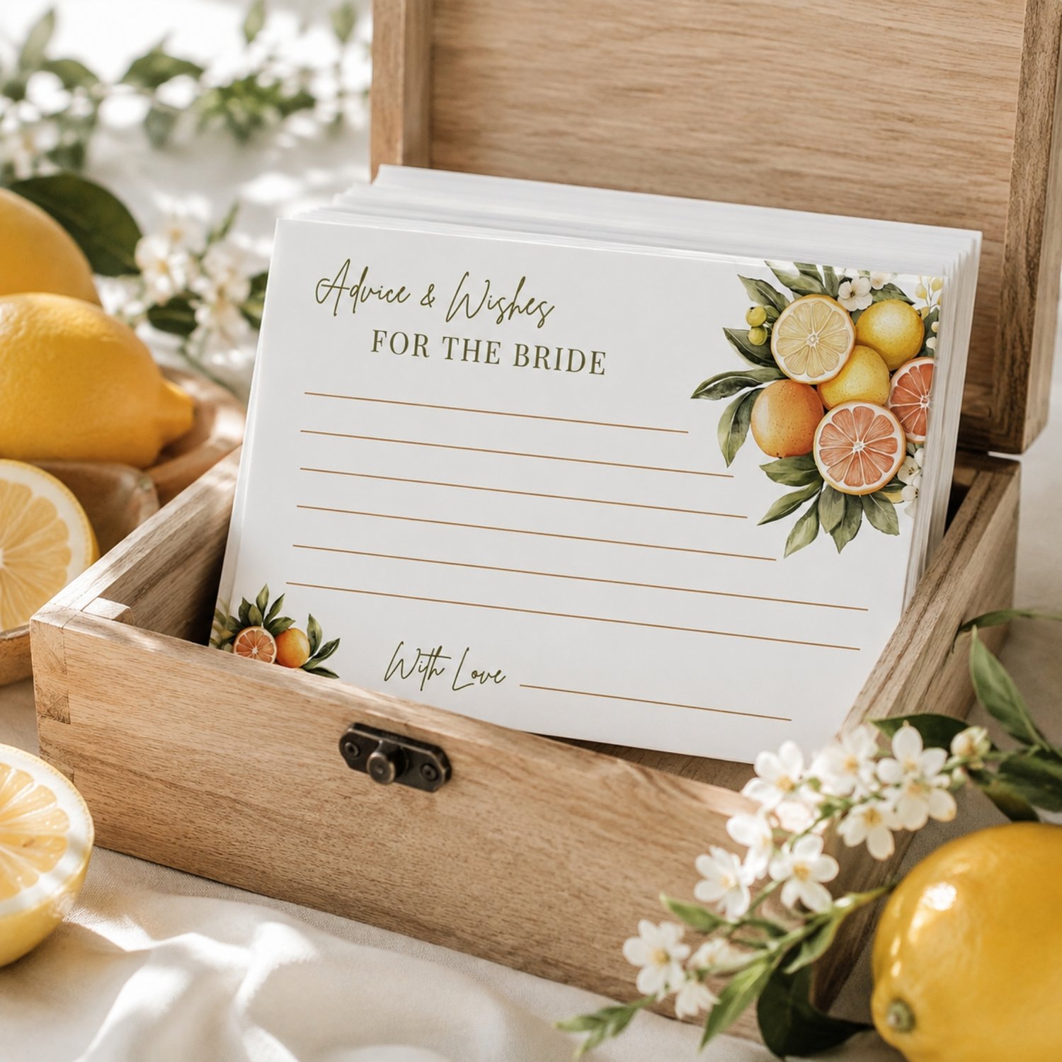 Printable citrus Advice and Wishes for the Bride cards featuring lemons, oranges, white blossoms and green leaves, with four 5 by 3.5-inch cards arranged on a landscape US Letter page.