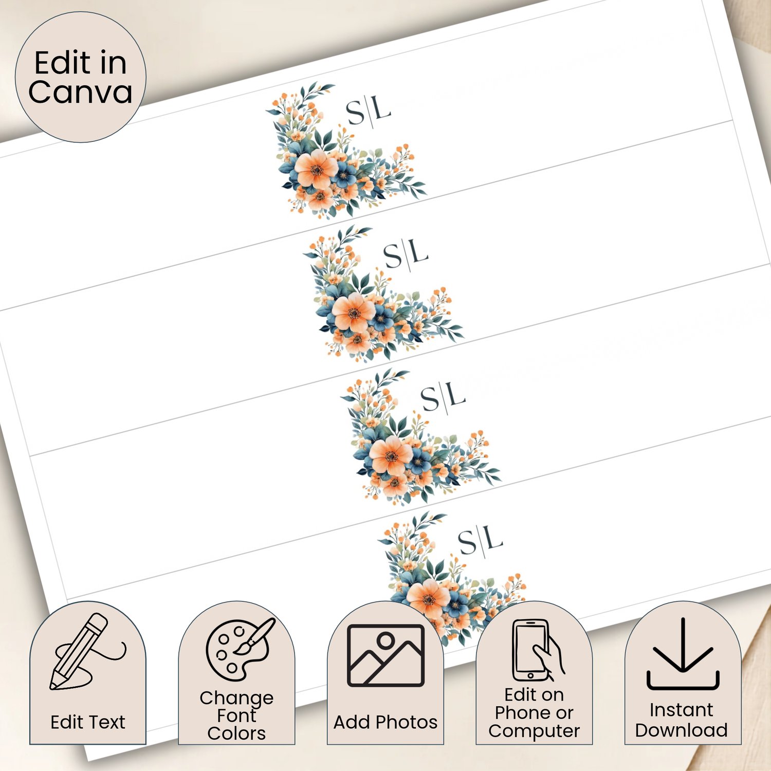 Landscape US Letter sheet with four floral monogram napkin bands featuring peach and orange flowers, deep blue blooms, green foliage edit initials in Canva Template.