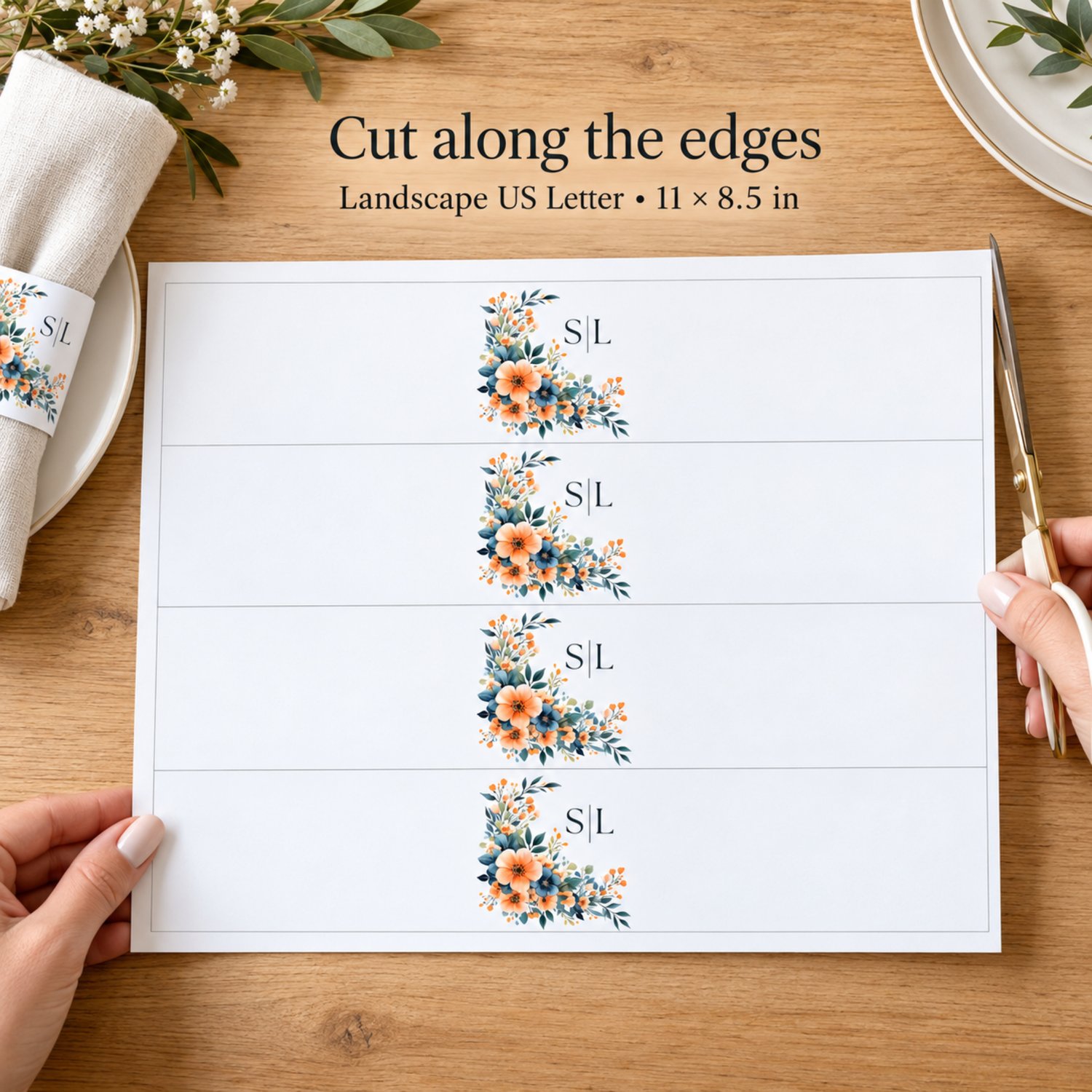 Landscape US Letter sheet with four floral monogram napkin bands featuring peach and orange flowers, deep blue blooms, green foliage edit initials in Canva Template.