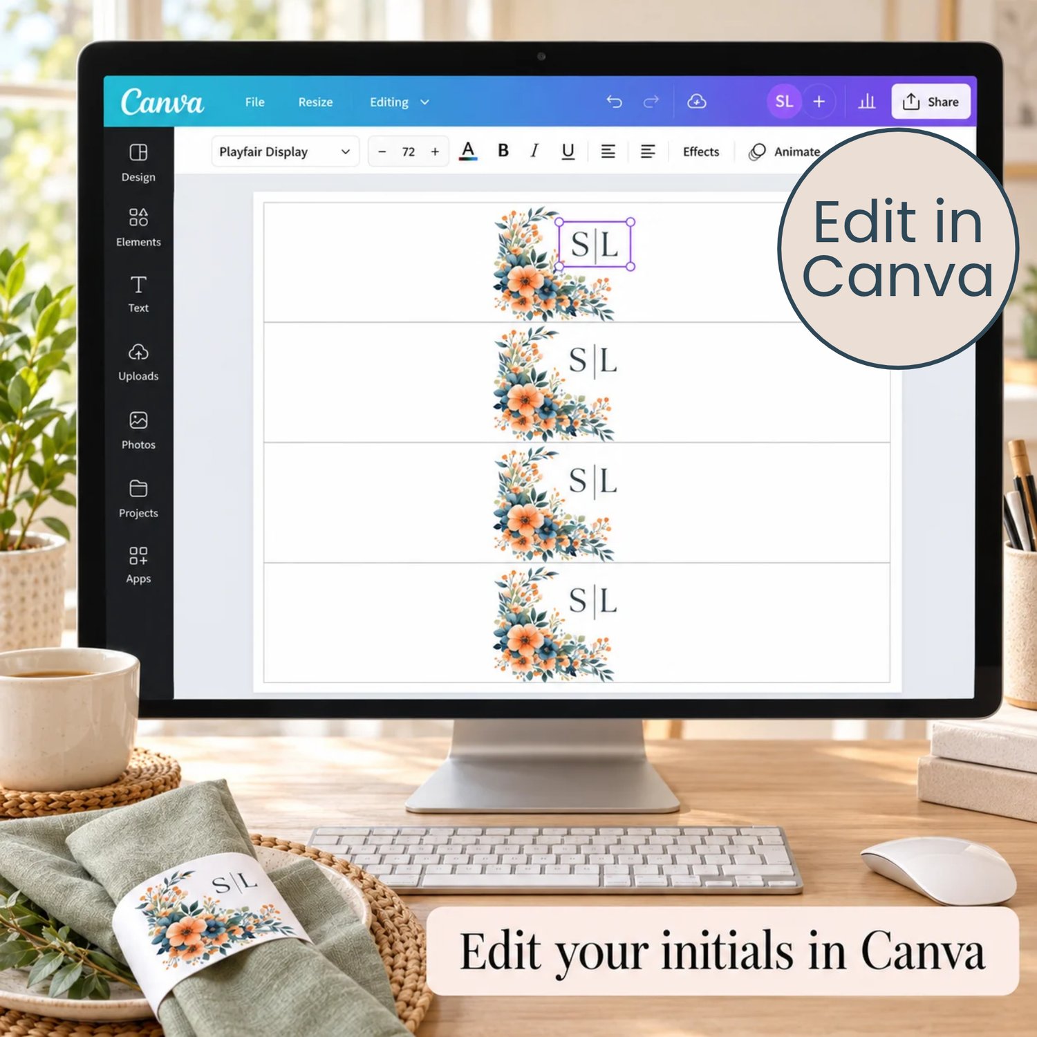 Landscape US Letter sheet with four floral monogram napkin bands featuring peach and orange flowers, deep blue blooms, green foliage edit initials in Canva Template.