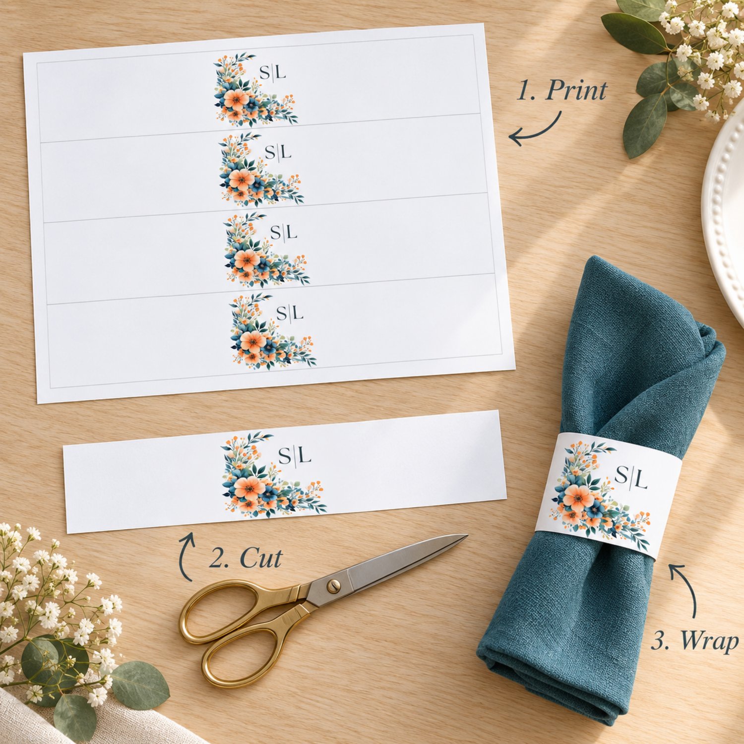 Landscape US Letter sheet with four floral monogram napkin bands featuring peach and orange flowers, deep blue blooms, green foliage edit initials in Canva Template.