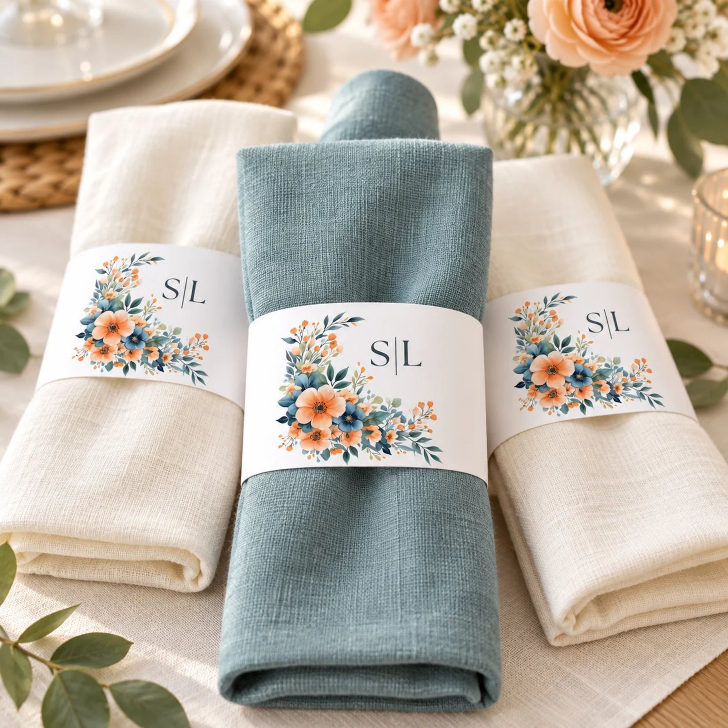 Landscape US Letter sheet with four floral monogram napkin bands featuring peach and orange flowers, deep blue blooms, green foliage edit initials in Canva Template.