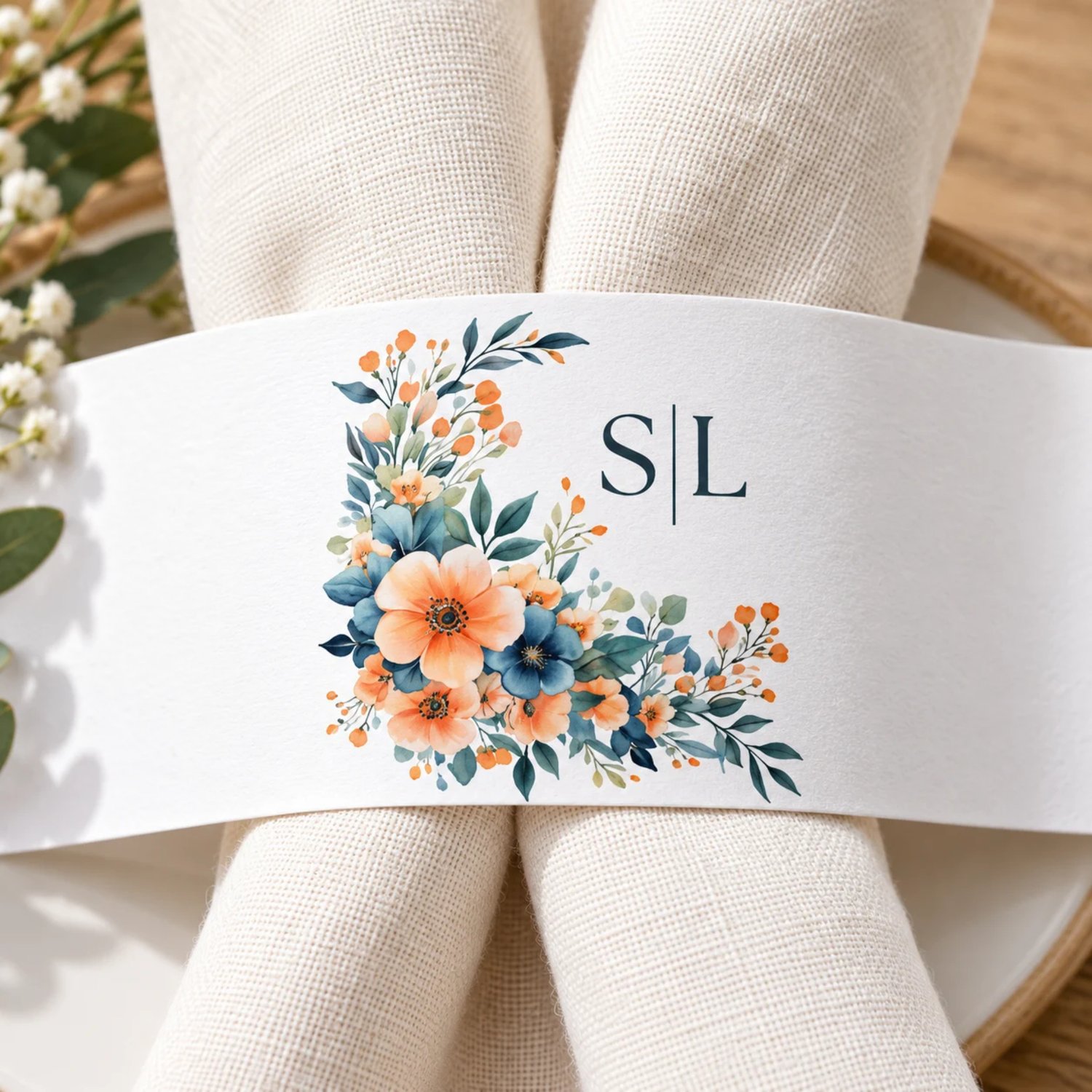 Landscape US Letter sheet with four floral monogram napkin bands featuring peach and orange flowers, deep blue blooms, green foliage edit initials in Canva Template.