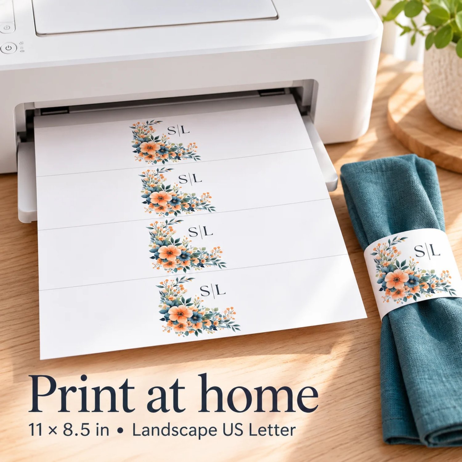 Landscape US Letter sheet with four floral monogram napkin bands featuring peach and orange flowers, deep blue blooms, green foliage edit initials in Canva Template.