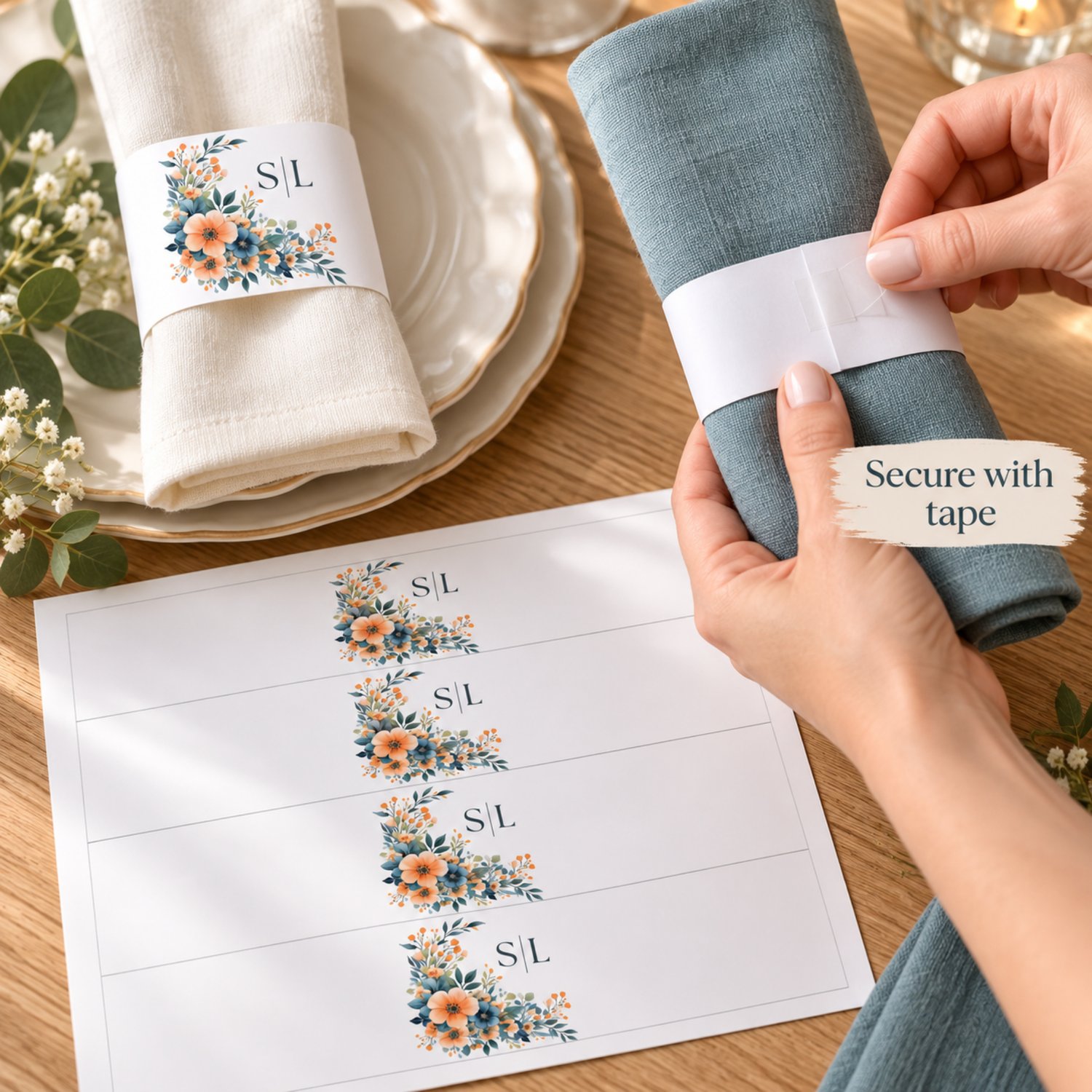 Landscape US Letter sheet with four floral monogram napkin bands featuring peach and orange flowers, deep blue blooms, green foliage edit initials in Canva Template.