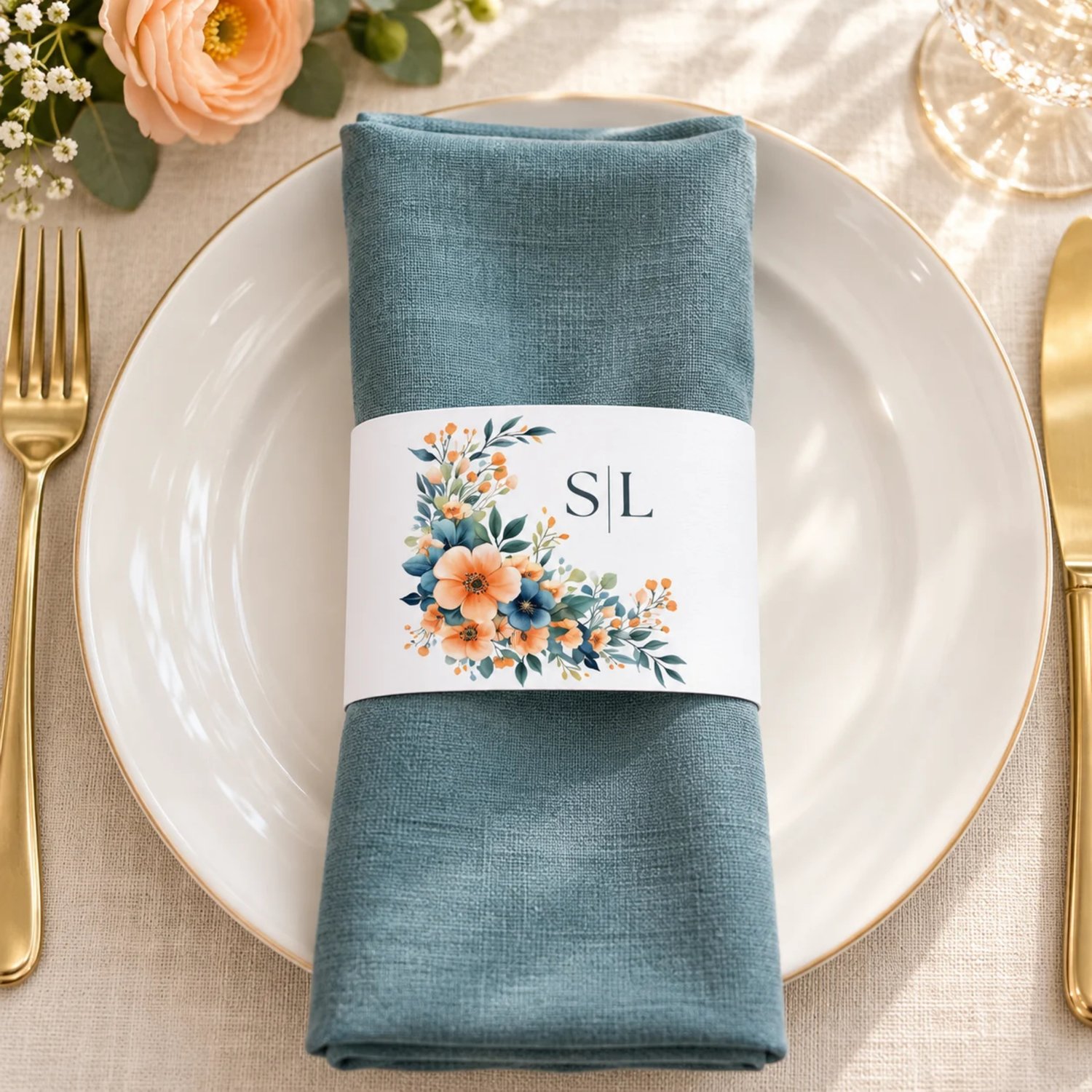 Landscape US Letter sheet with four floral monogram napkin bands featuring peach and orange flowers, deep blue blooms, green foliage edit initials in Canva Template.