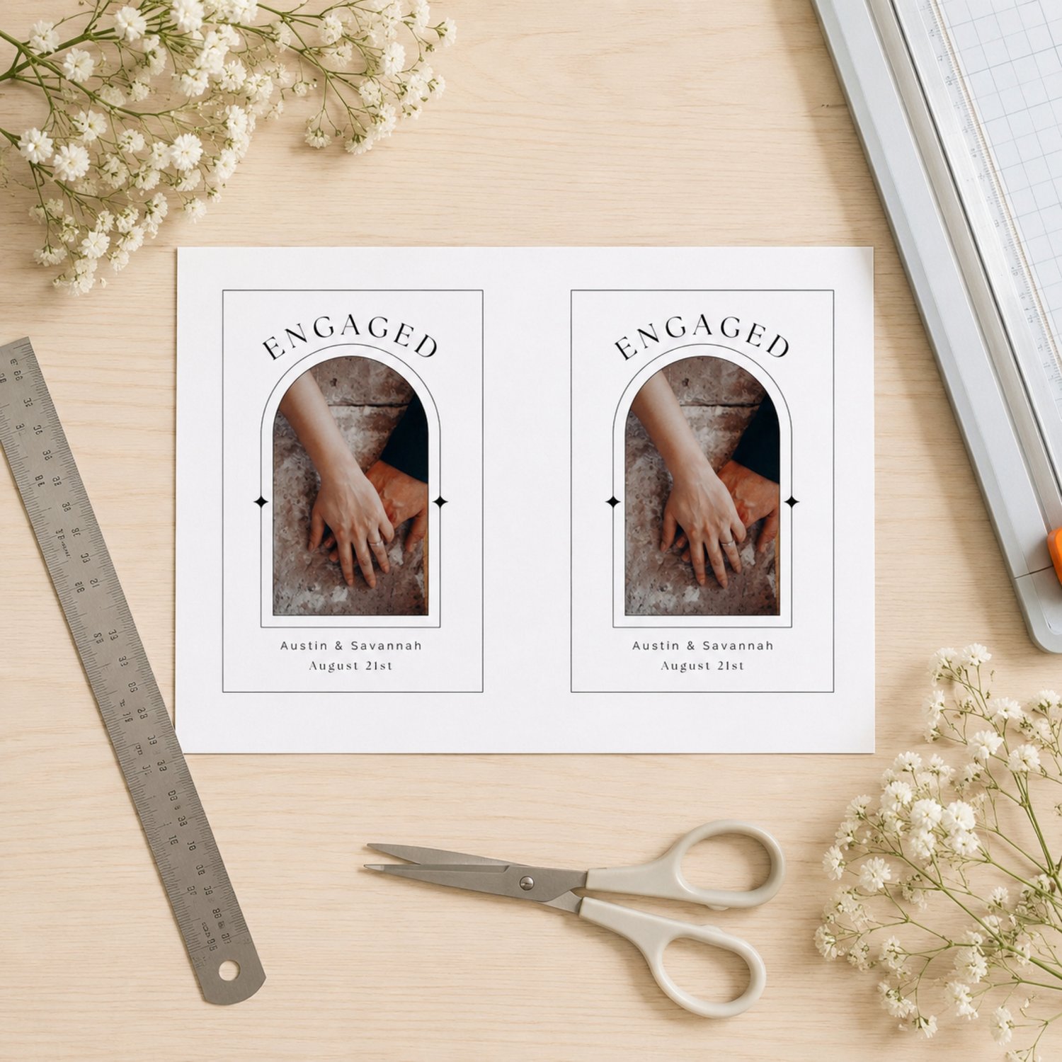 Editable 4 by 6-inch engagement bottle label template featuring a couple’s photo, names and date in a modern black-and-white arched design, with two labels arranged on a letter-size printable sheet.