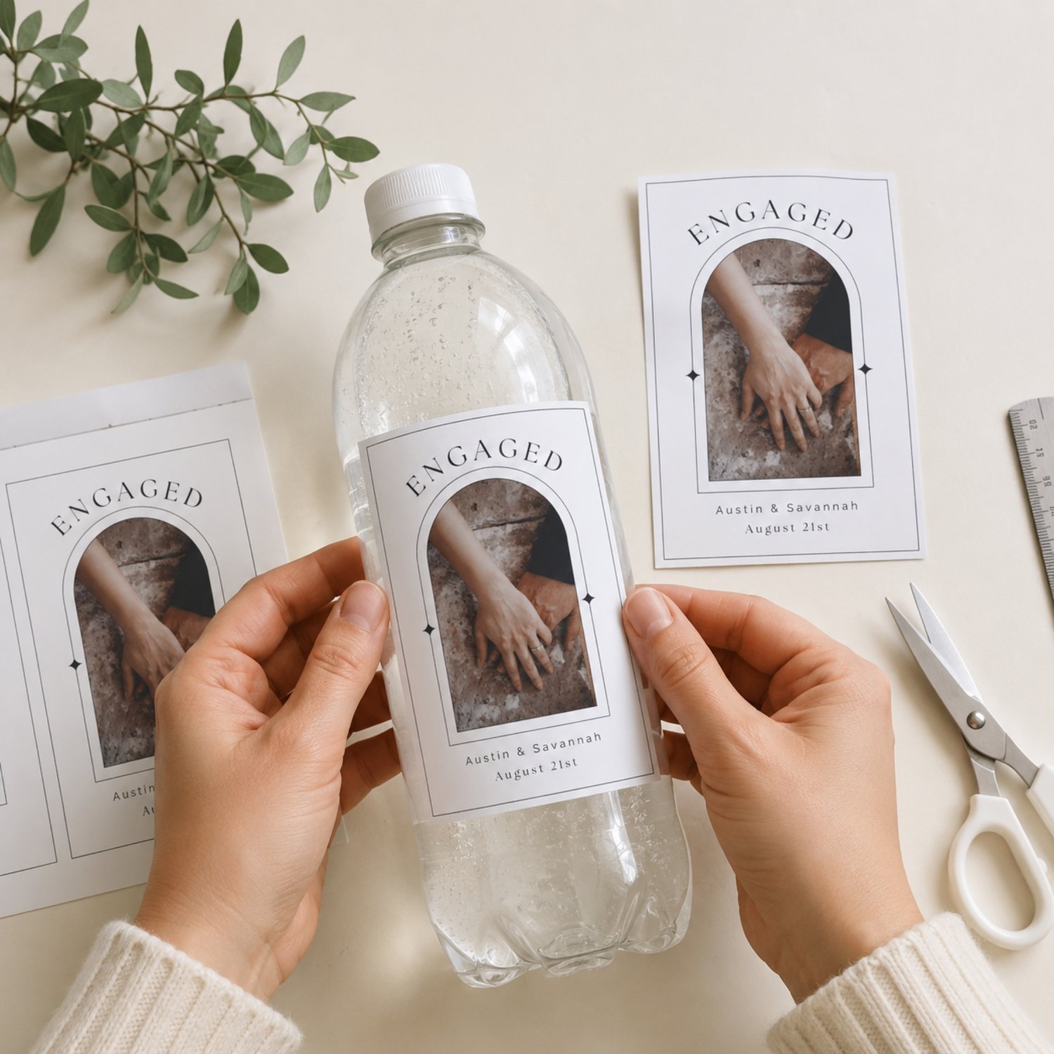 Editable 4 by 6-inch engagement bottle label template featuring a couple’s photo, names and date in a modern black-and-white arched design, with two labels arranged on a letter-size printable sheet.
